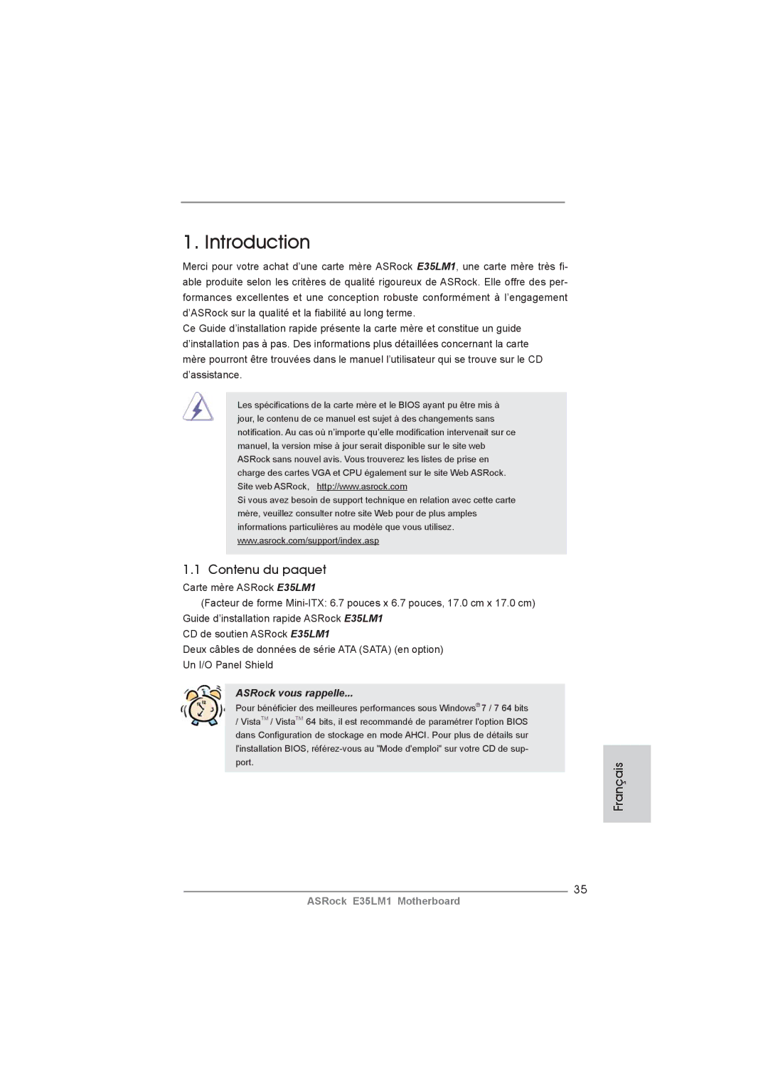 ASRock E35LM1 manual Contenu du paquet, Français 