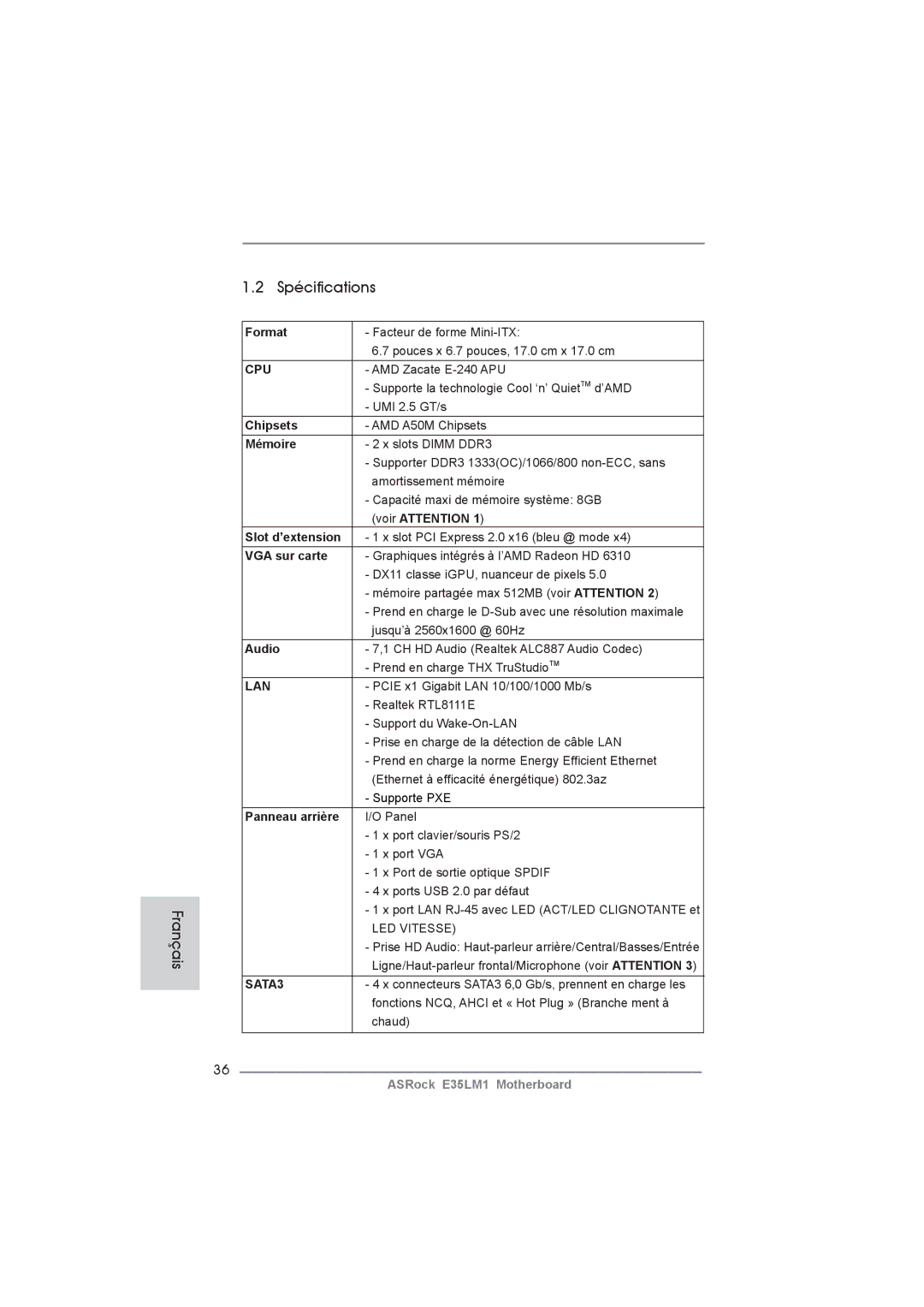 ASRock E35LM1 manual Spécifications 