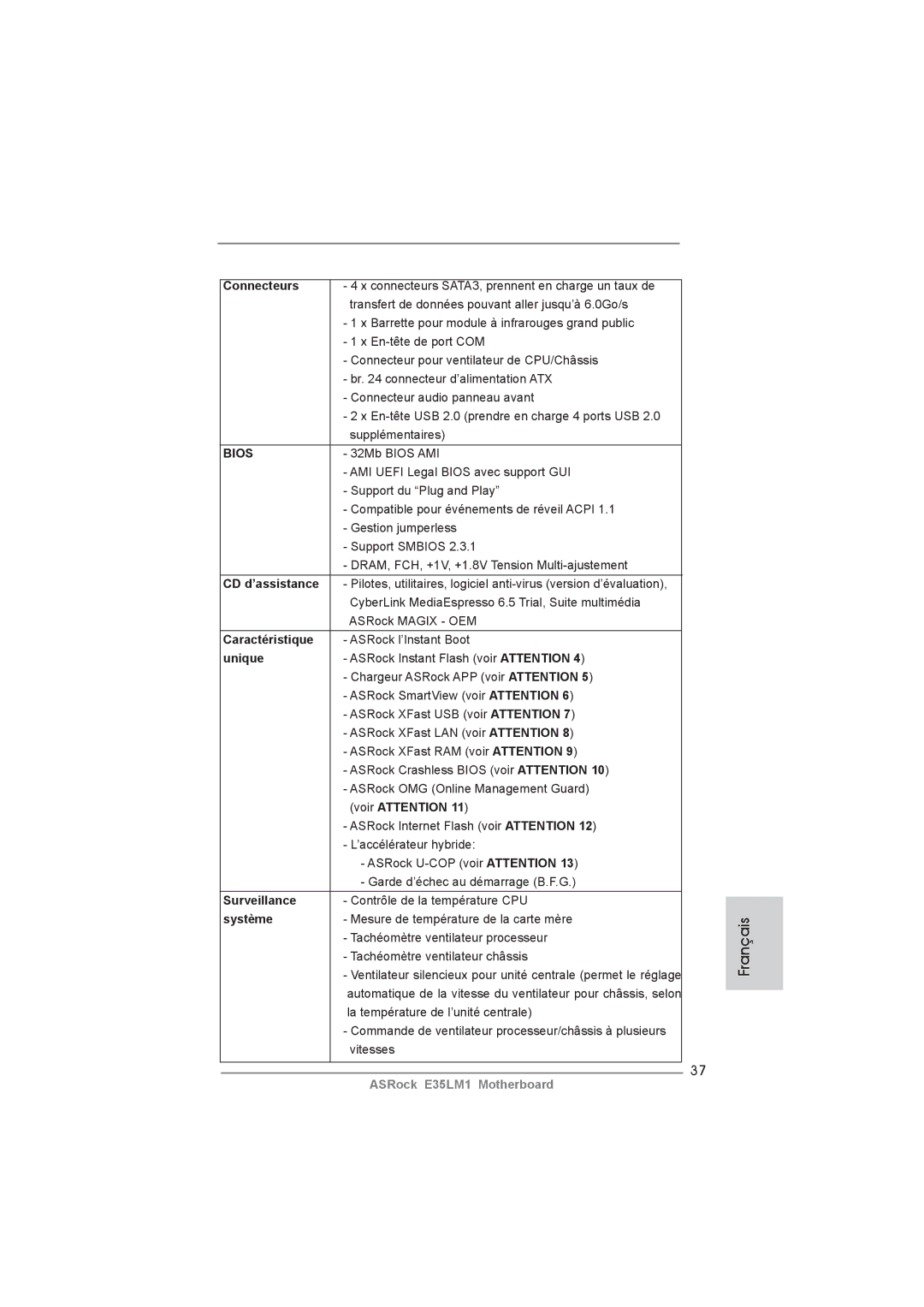 ASRock E35LM1 manual Connecteurs, Caractéristique, Unique, Surveillance, Système 