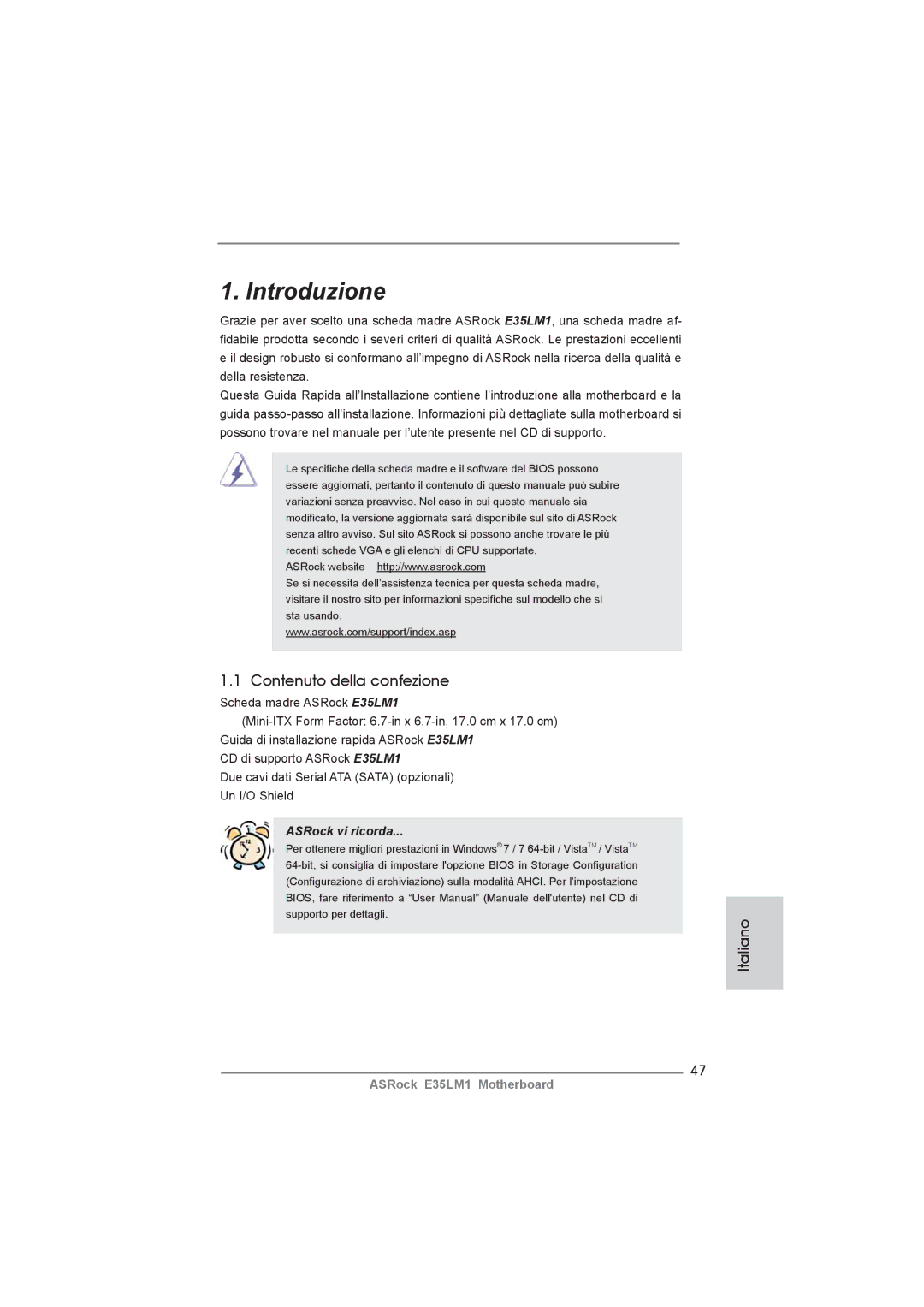ASRock E35LM1 manual Contenuto della confezione, Italiano 