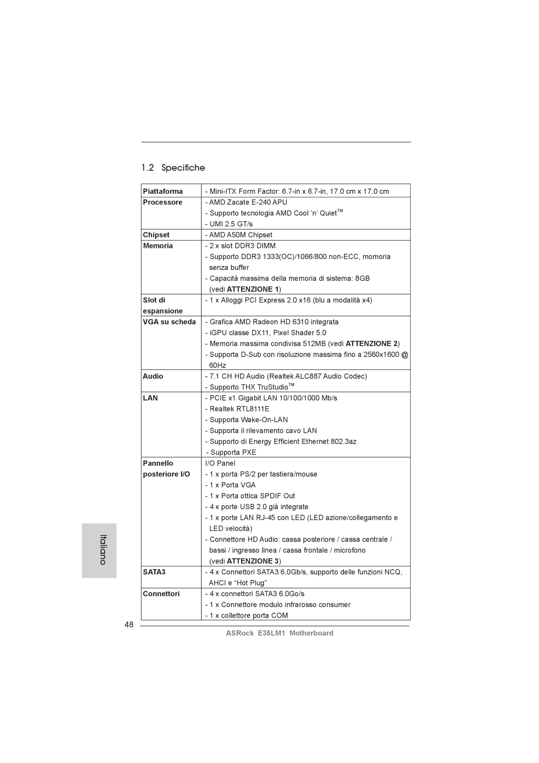 ASRock E35LM1 manual Specifiche 