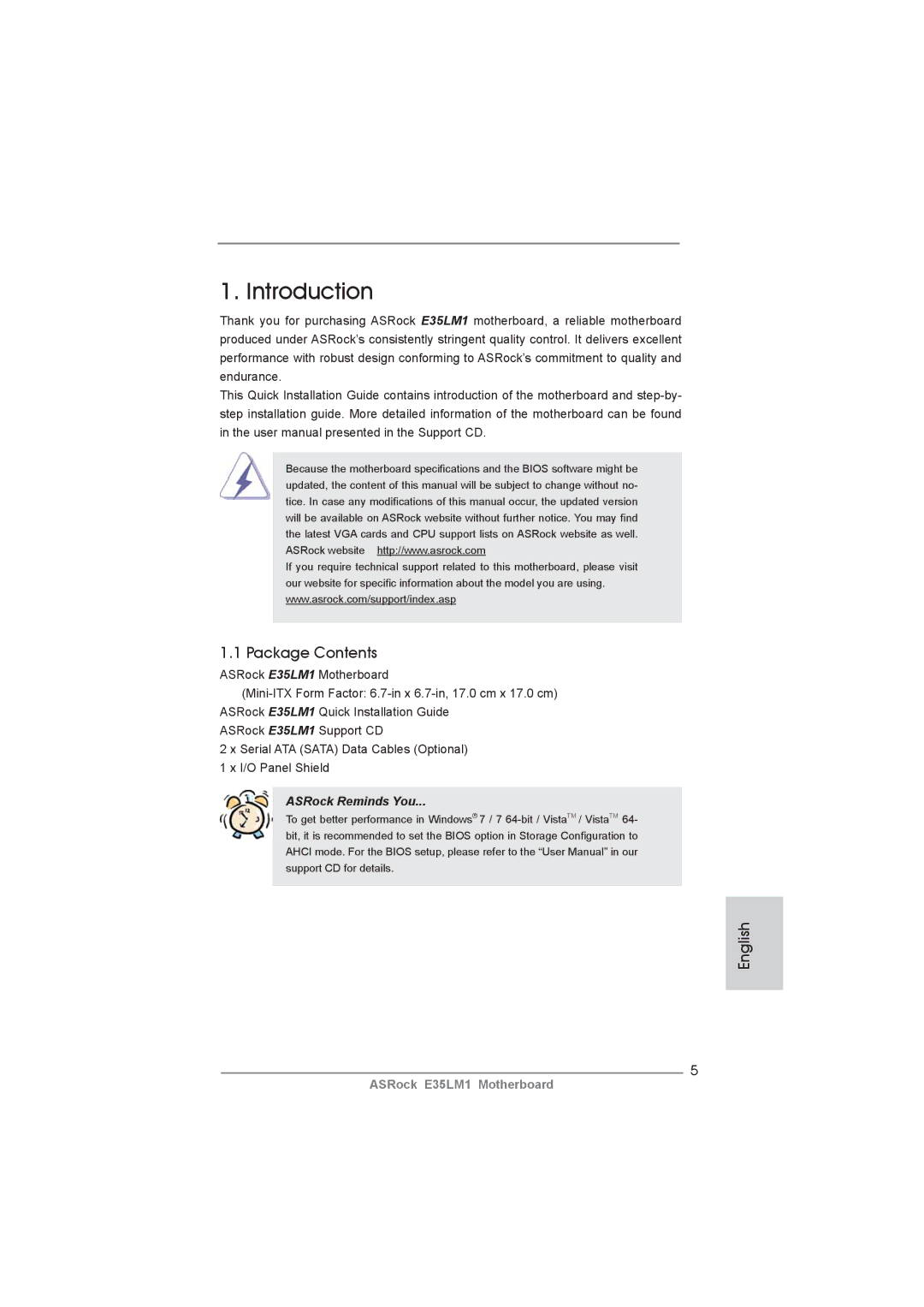 ASRock E35LM1 manual Introduction, Package Contents 