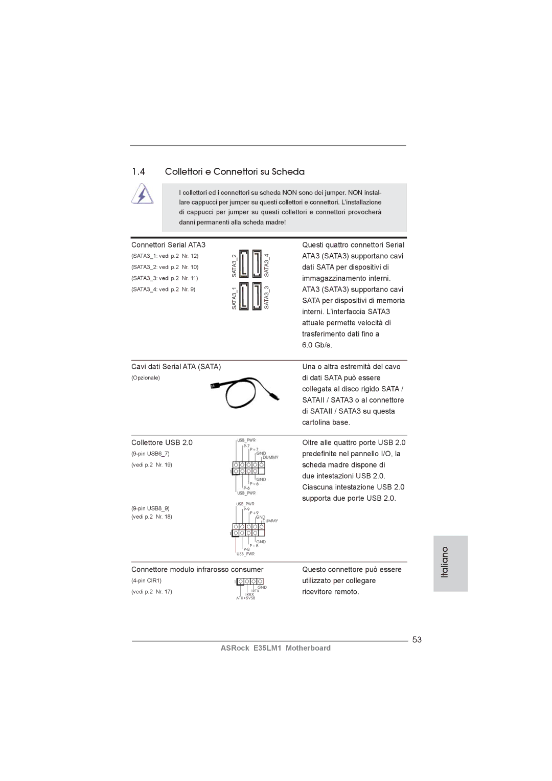 ASRock E35LM1 manual Collettori e Connettori su Scheda, Connettori Serial ATA3, Cavi dati Serial ATA Sata, Collettore USB 