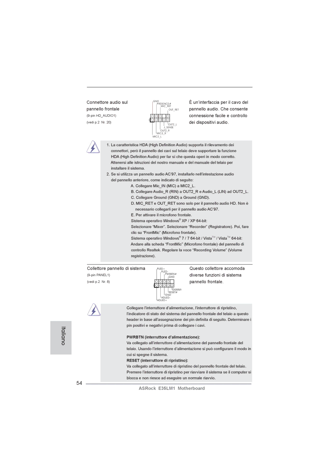 ASRock E35LM1 manual Connettore audio sul, Pannello frontale, Collettore pannello di sistema, Diverse funzioni di sistema 