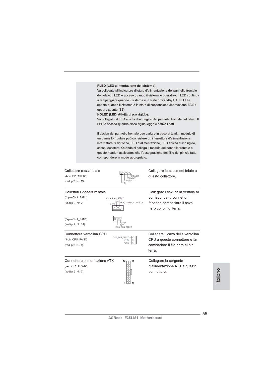 ASRock E35LM1 manual Collettore casse telaio Collegare le casse del telaio a, Questo collettore, Collettori Chassis ventola 