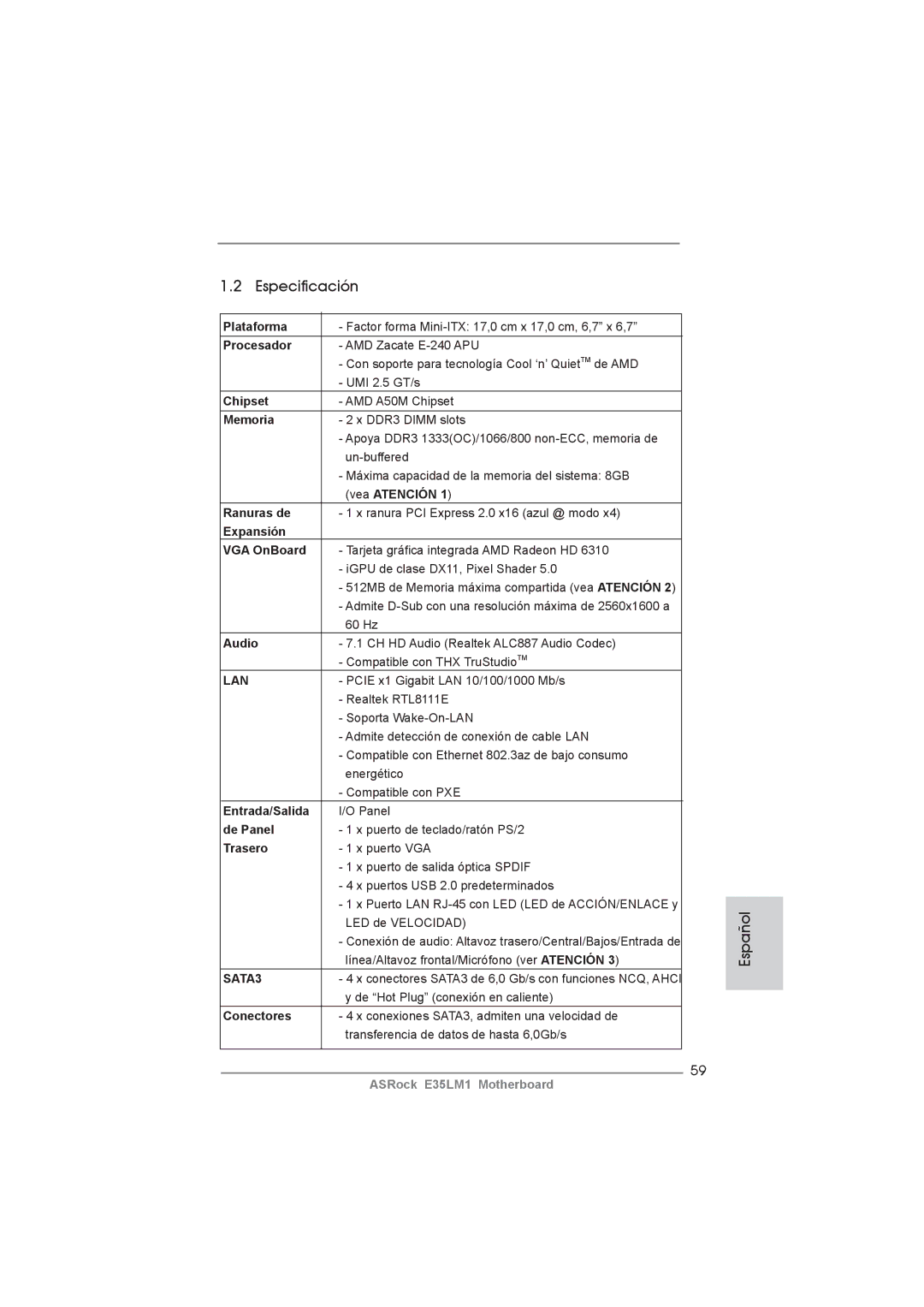 ASRock E35LM1 manual Especificación 