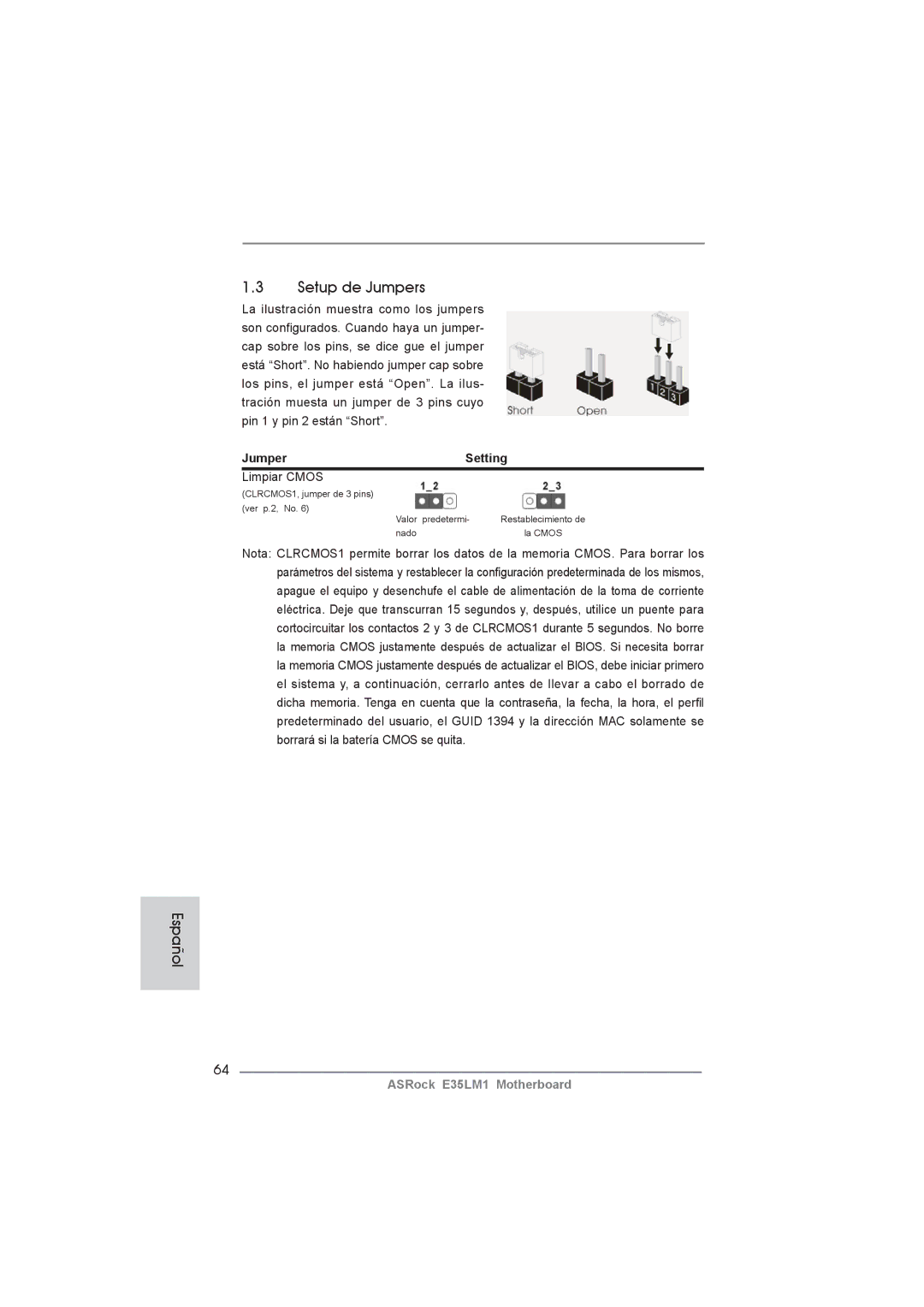 ASRock E35LM1 manual Setup de Jumpers, Jumper Setting, Limpiar Cmos 