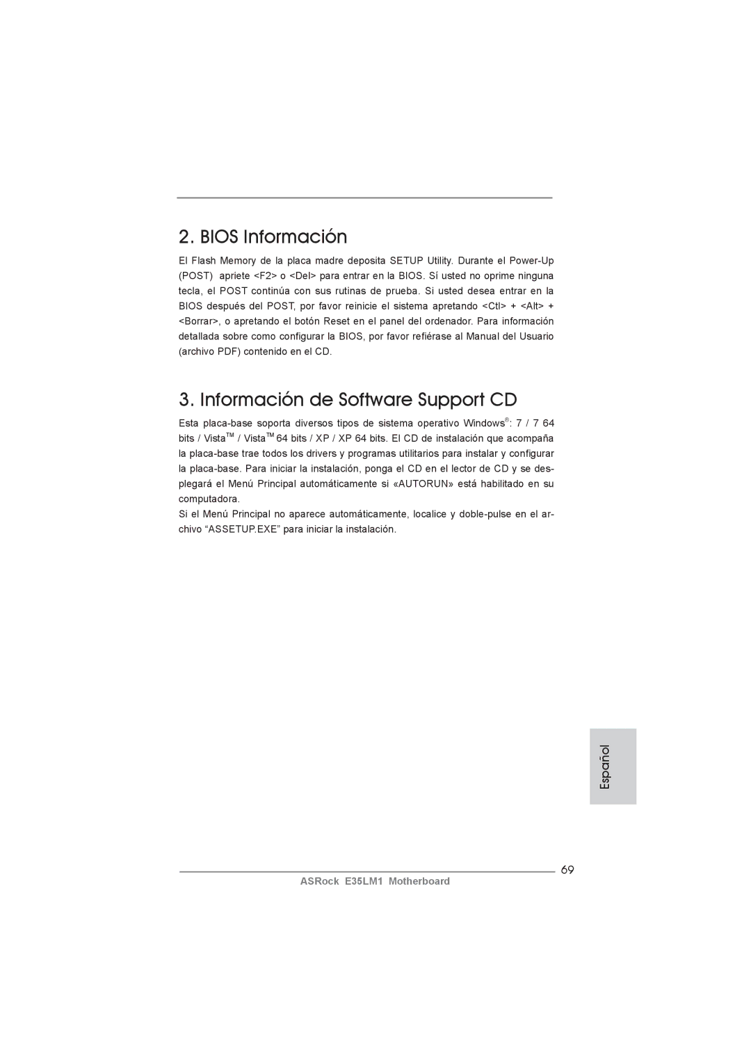 ASRock E35LM1 manual Bios Información Información de Software Support CD 