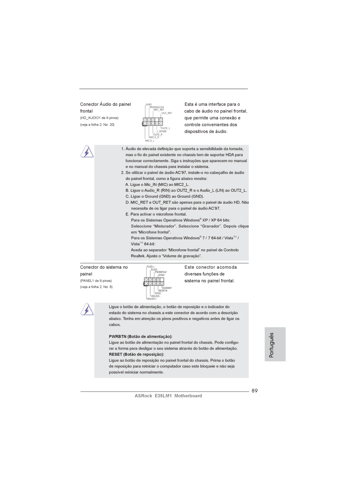 ASRock E35LM1 manual Conector Áudio do painel, Frontal, Sistema no painel frontal, Pwrbtn Botão de alimentação 
