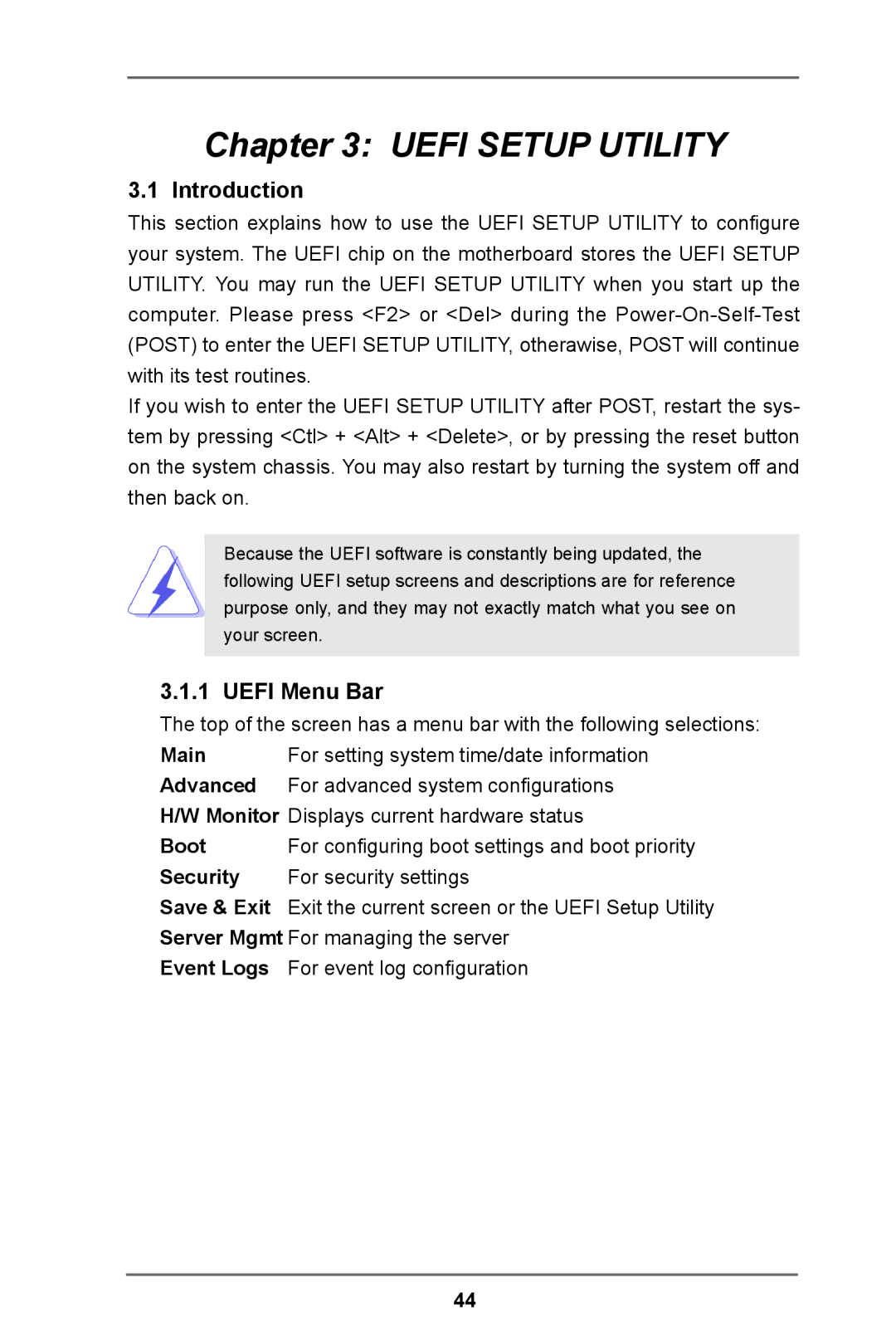 ASRock E3C204 manual Introduction, Uefi Menu Bar 