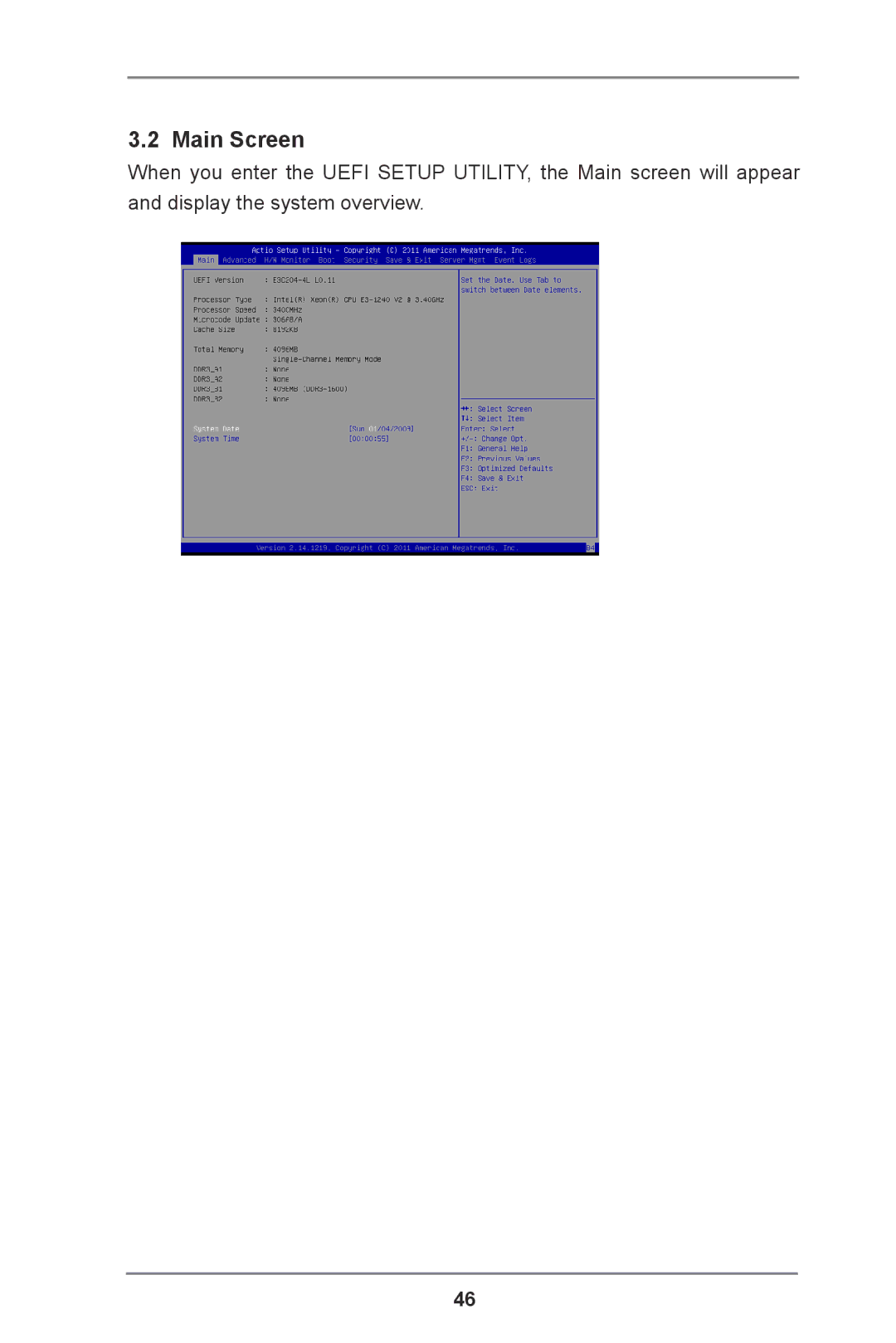 ASRock E3C204 manual Main Screen 