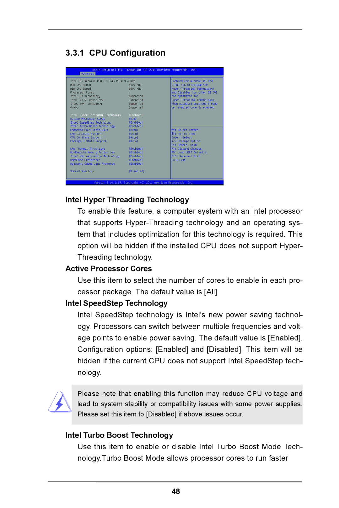 ASRock E3C204 CPU Configuration, Intel Hyper Threading Technology, Active Processor Cores, Intel SpeedStep Technology 