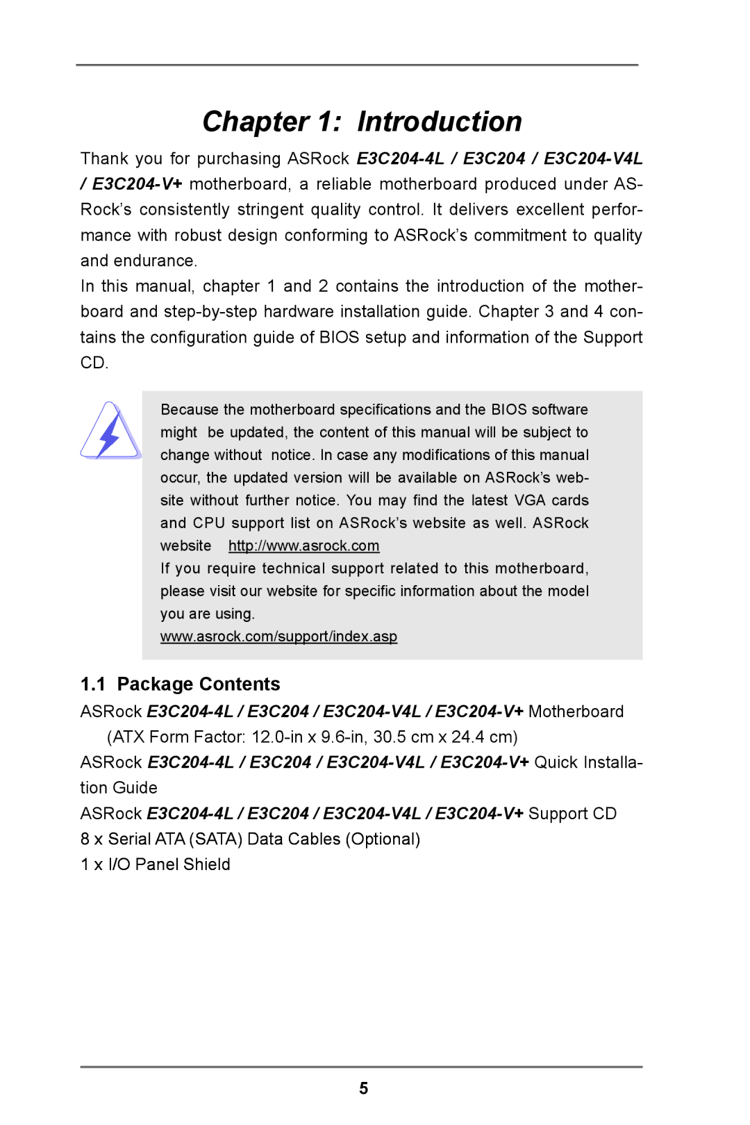 ASRock E3C204 manual Introduction, Package Contents 