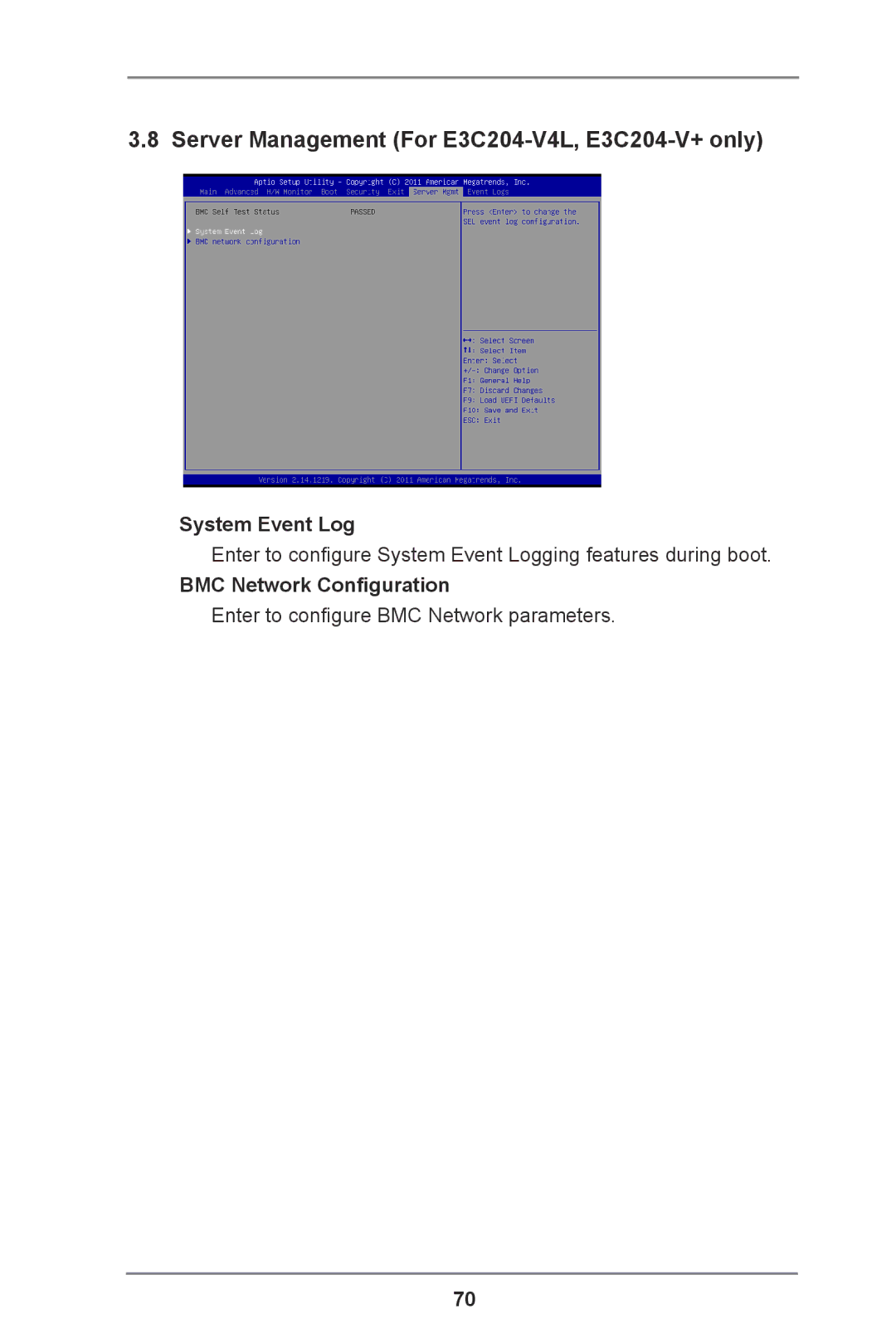 ASRock manual Server Management For E3C204-V4L, E3C204-V+ only, System Event Log, BMC Network Configuration 