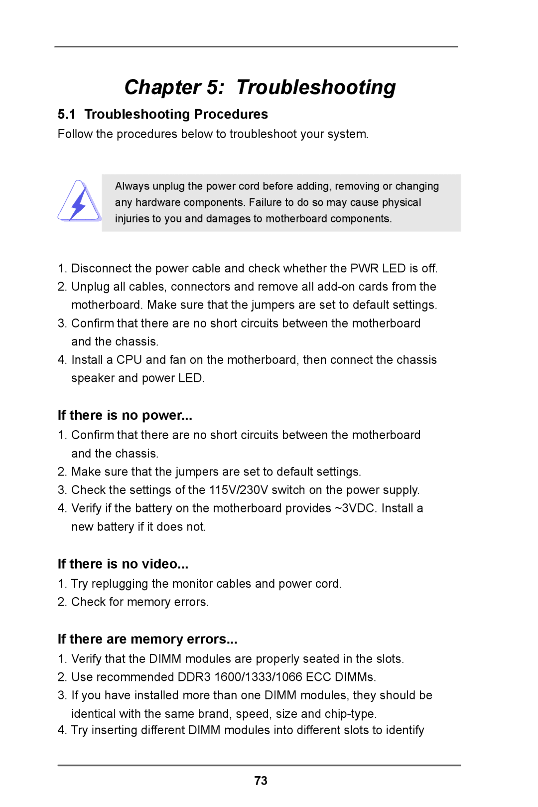 ASRock E3C204 manual Troubleshooting Procedures, If there is no power, If there is no video, If there are memory errors 