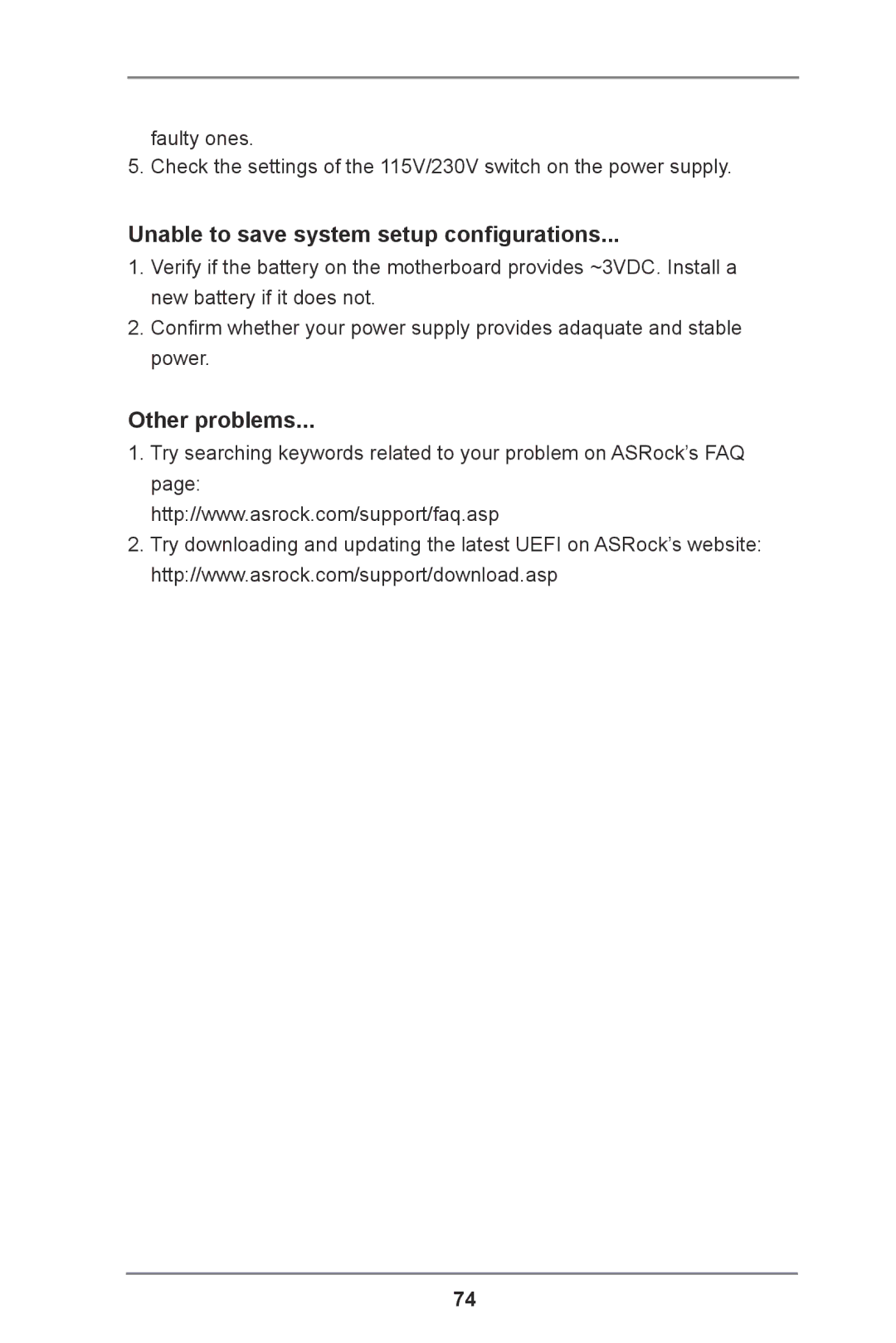 ASRock E3C204 manual Unable to save system setup configurations, Other problems 