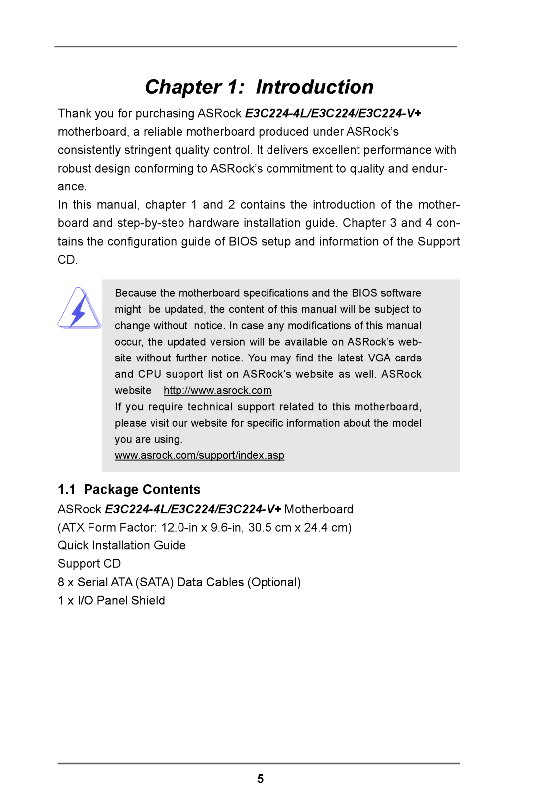 ASRock E3C224 manual Introduction, Package Contents 