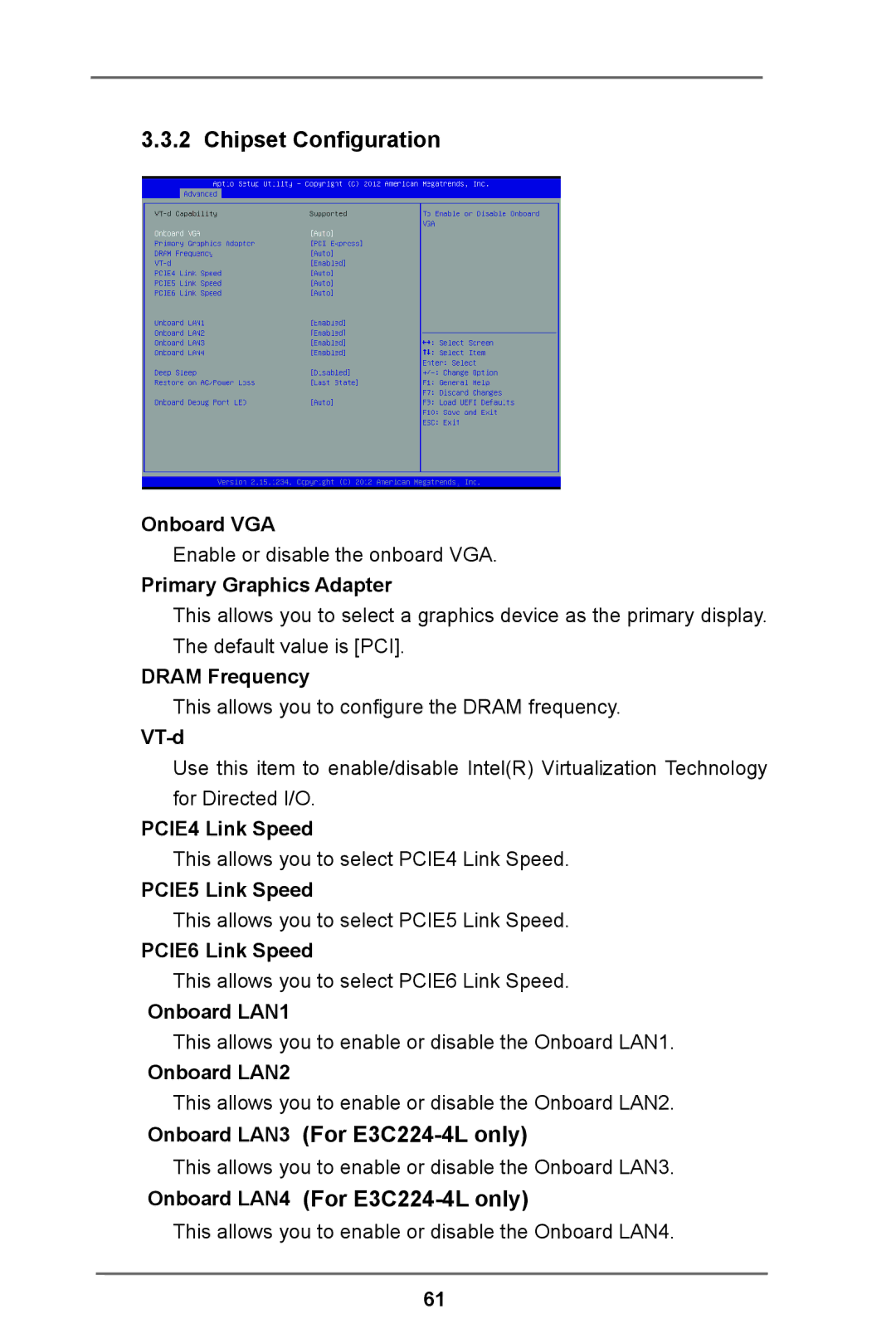 ASRock manual Chipset Configuration, Onboard LAN3 For E3C224-4L only, Onboard LAN4 For E3C224-4L only 