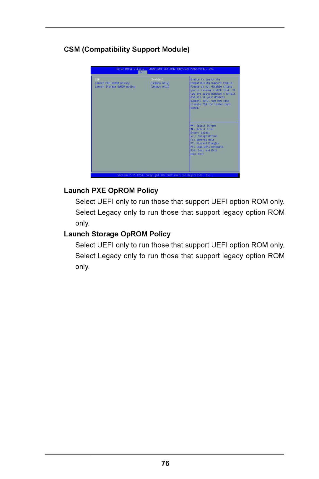 ASRock E3C224 manual CSM Compatibility Support Module Launch PXE OpROM Policy, Launch Storage OpROM Policy 