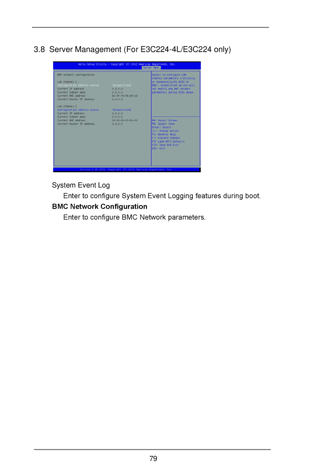 ASRock manual Server Management For E3C224-4L/E3C224 only, System Event Log, BMC Network Configuration 