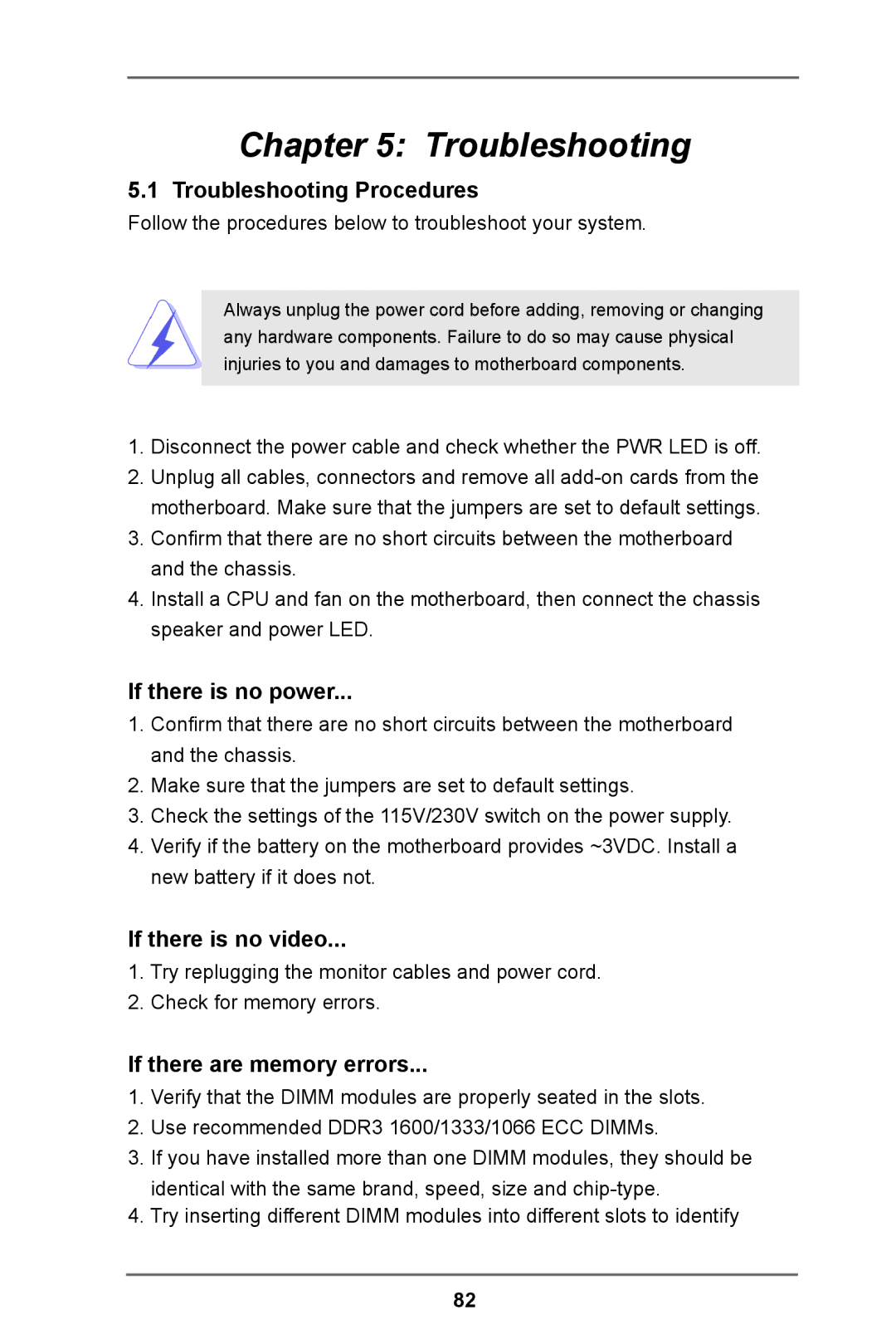 ASRock E3C224 manual Troubleshooting Procedures, If there is no power, If there is no video, If there are memory errors 