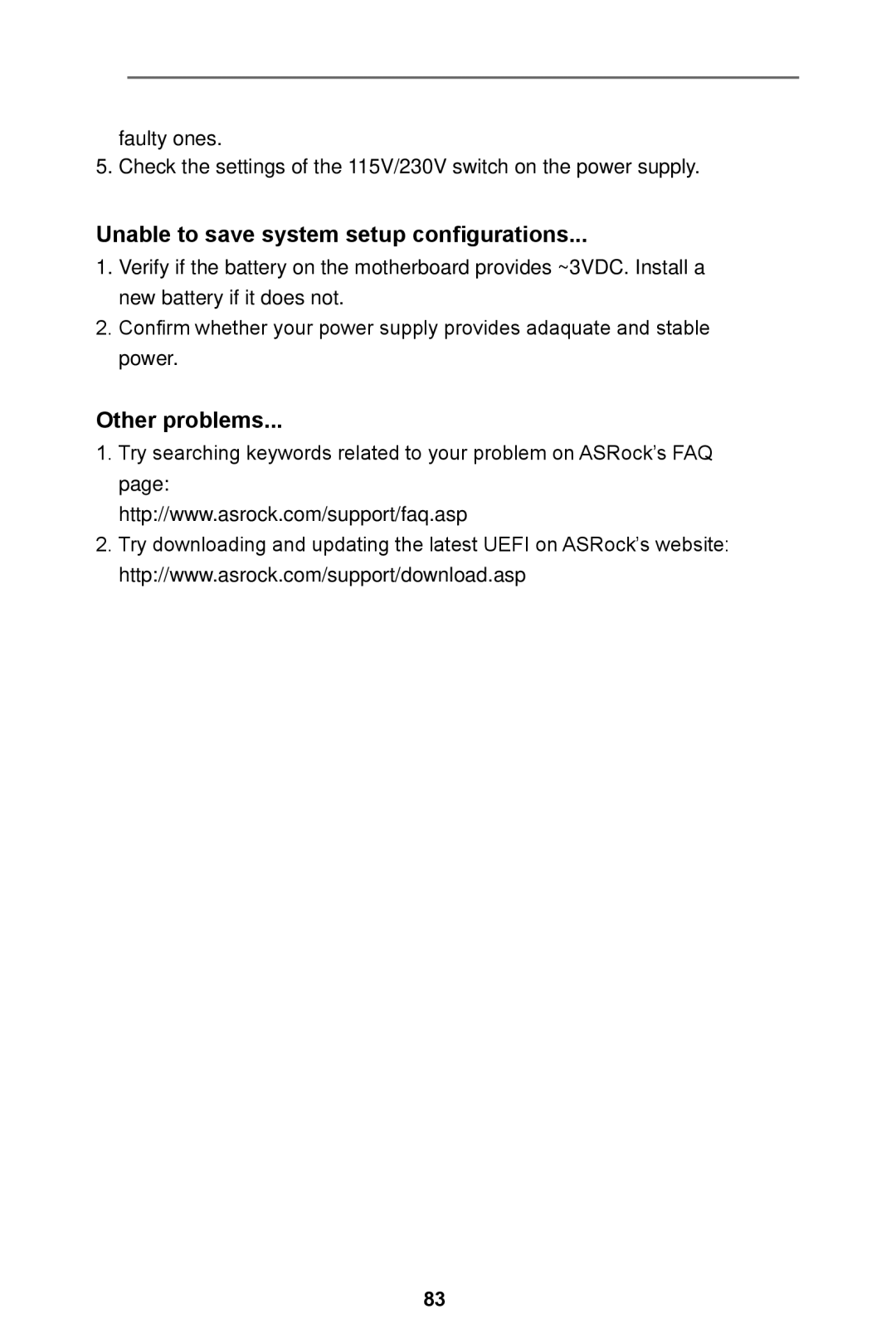 ASRock E3C224 manual Unable to save system setup configurations, Other problems 