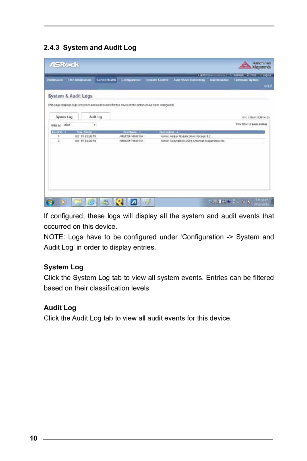 ASRock E3C224 manual System and Audit Log, System Log 