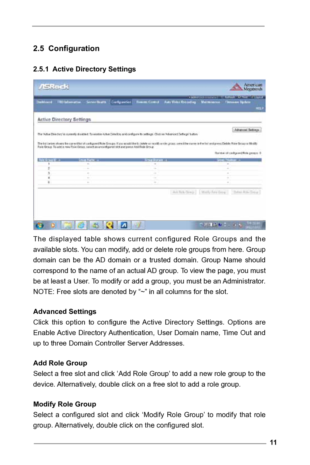 ASRock E3C224 manual Configuration, Active Directory Settings, Advanced Settings, Add Role Group, Modify Role Group 