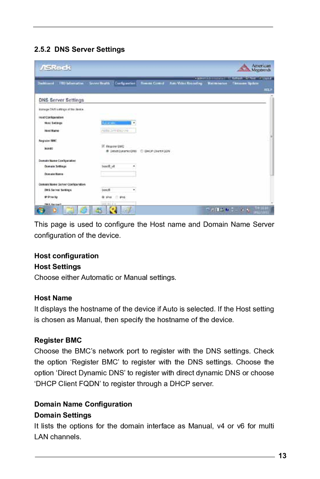 ASRock E3C224 manual DNS Server Settings, Host configuration Host Settings, Host Name, Register BMC 