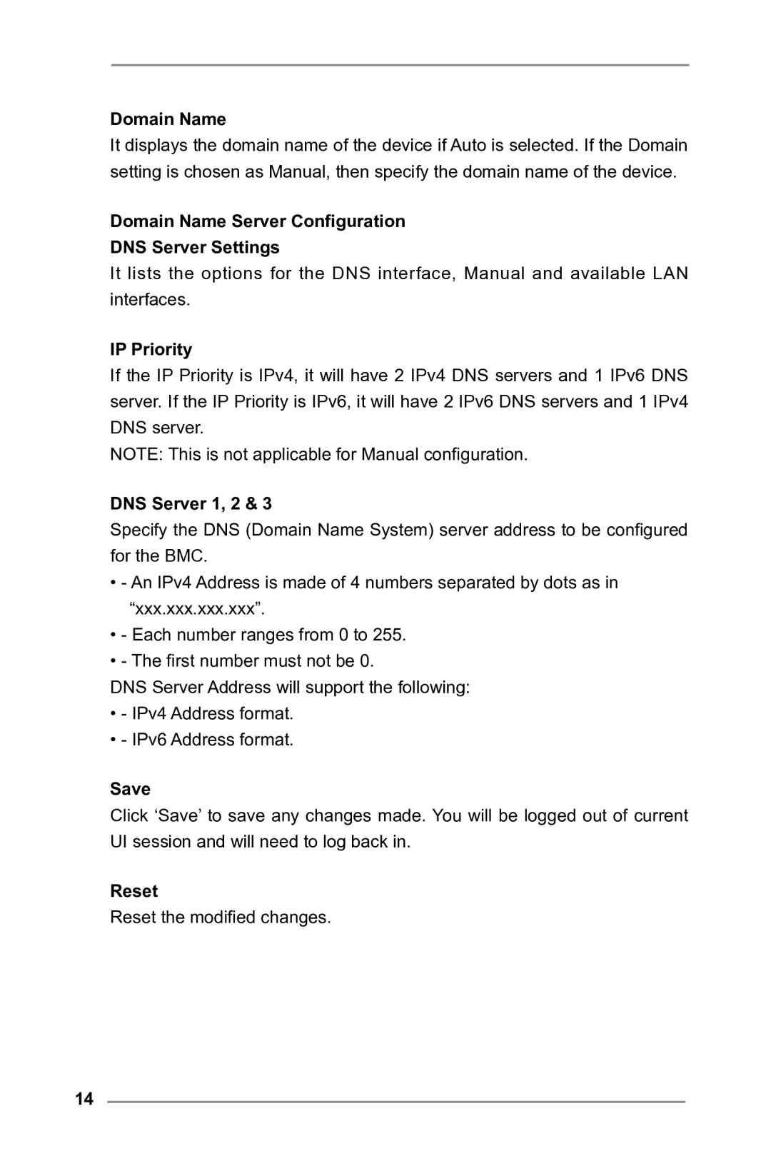 ASRock E3C224 manual Domain Name Server Configuration DNS Server Settings, IP Priority, DNS Server 1, 2, Save, Reset 