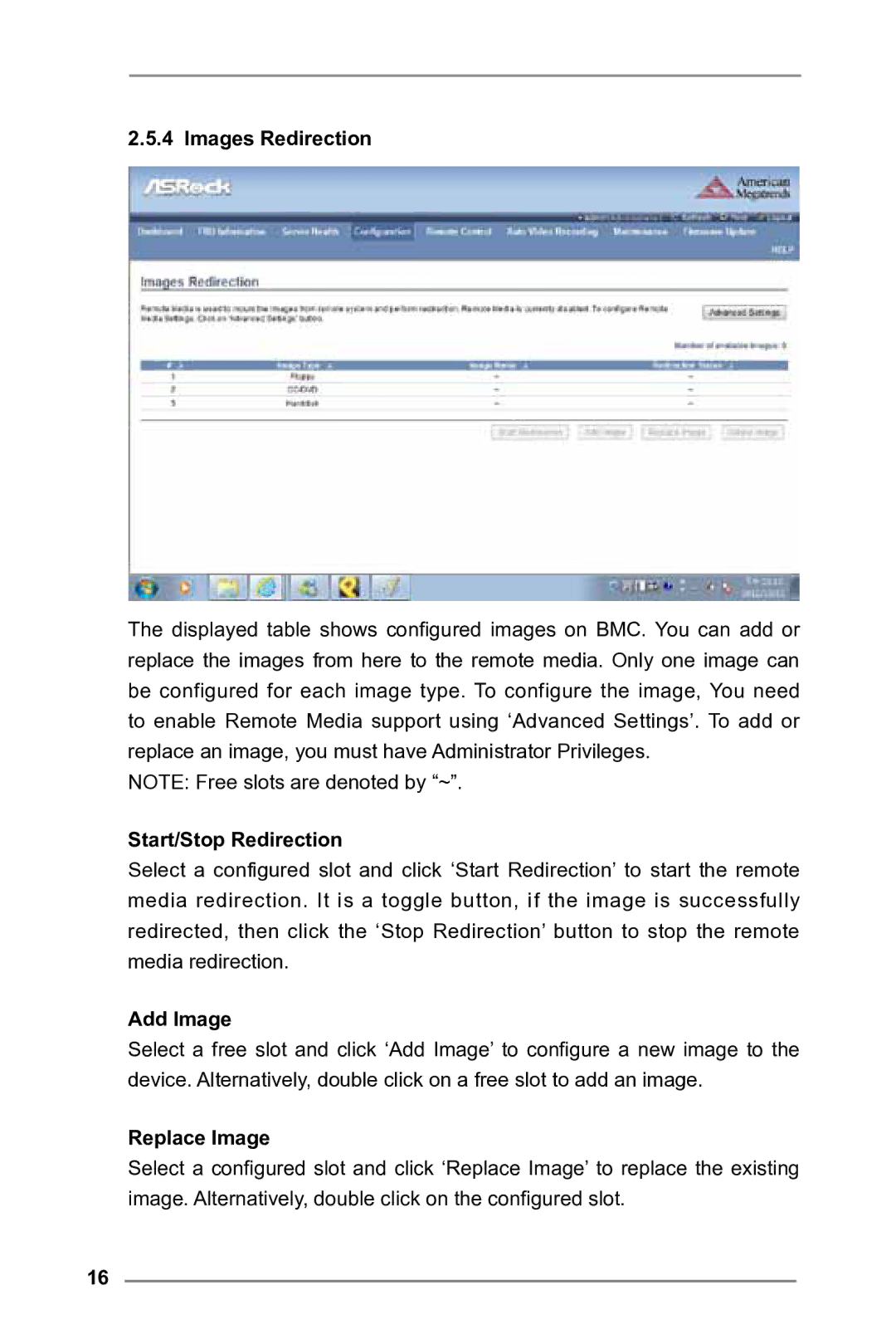 ASRock E3C224 manual Images Redirection, Start/Stop Redirection, Add Image, Replace Image 