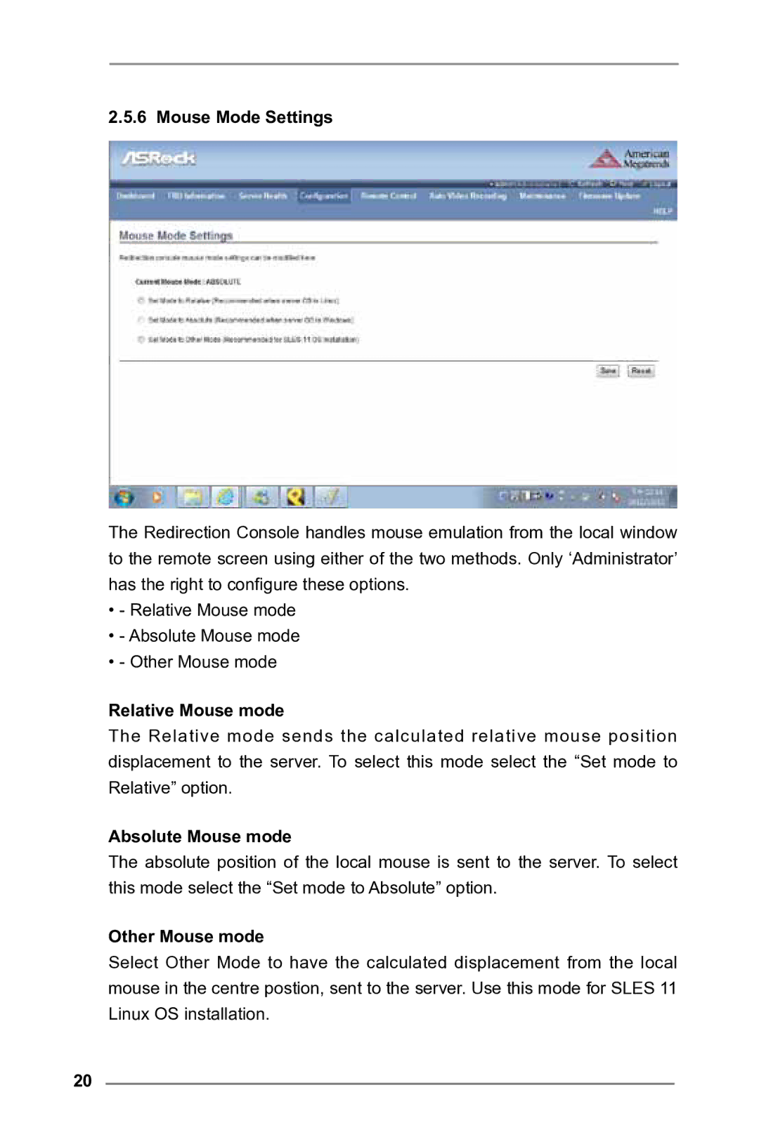 ASRock E3C224 manual Mouse Mode Settings, Relative Mouse mode, Absolute Mouse mode, Other Mouse mode 