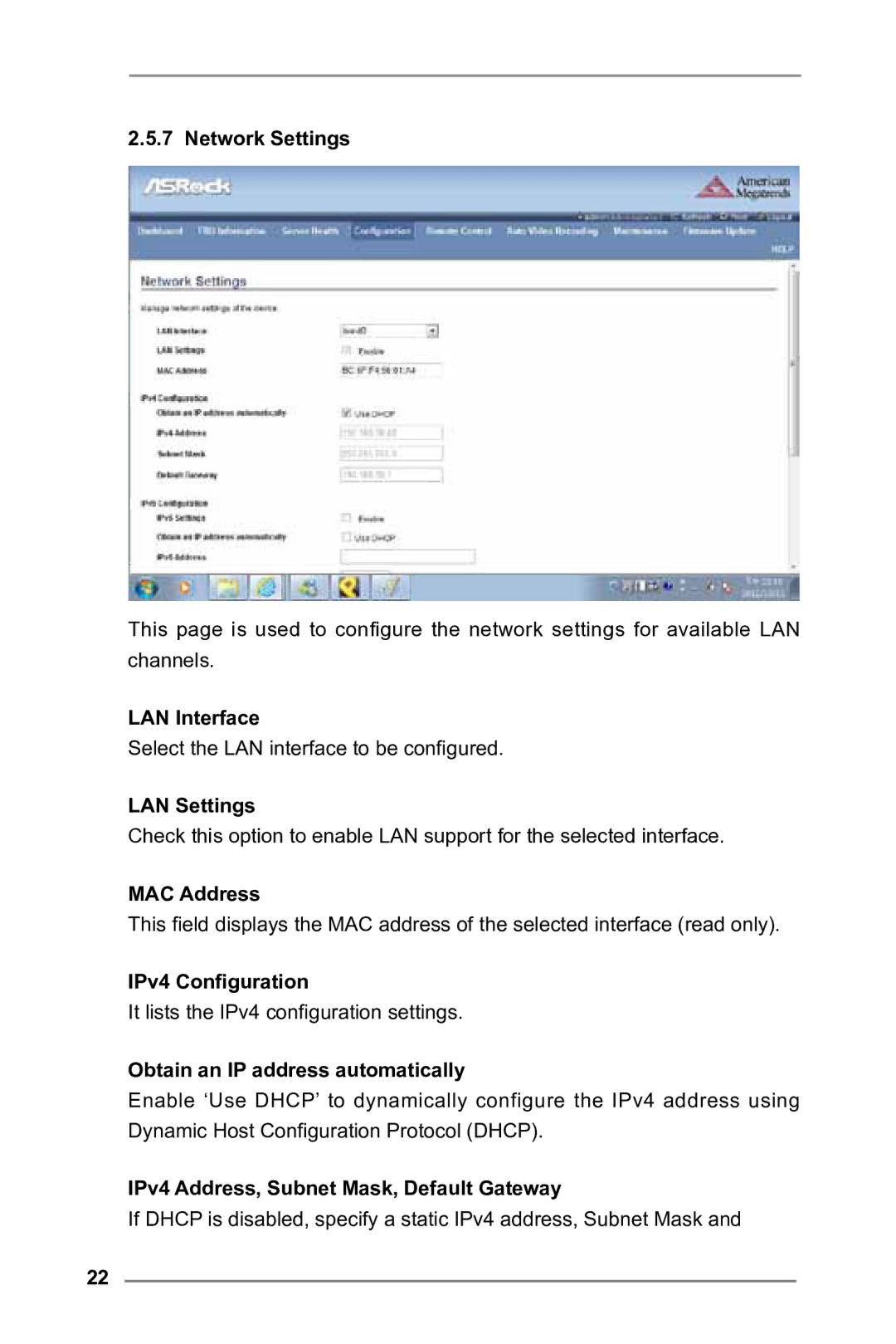 ASRock E3C224 manual Network Settings, LAN Interface, LAN Settings, MAC Address, IPv4 Configuration 