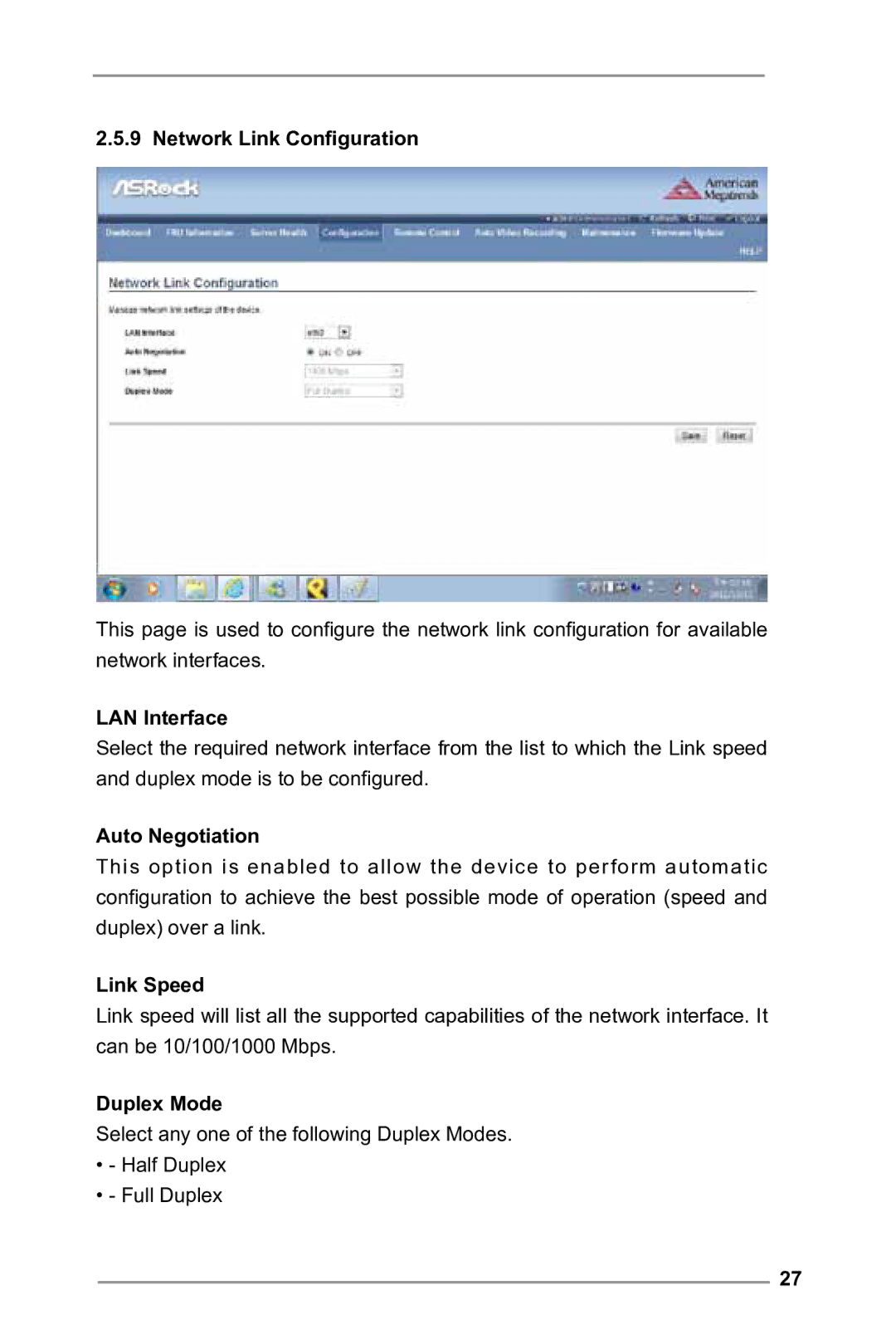 ASRock E3C224 manual Network Link Configuration, Auto Negotiation, Link Speed, Duplex Mode 