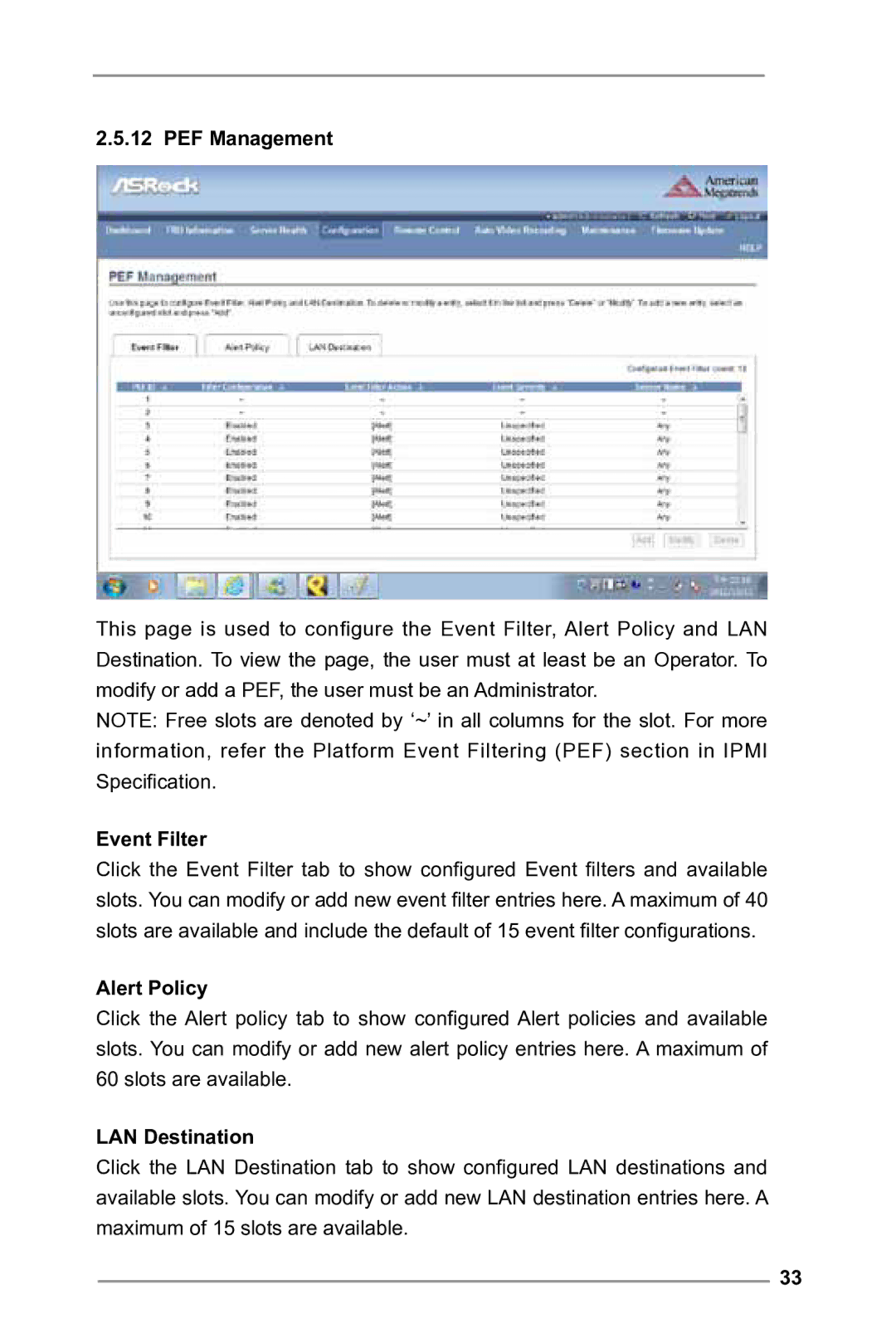 ASRock E3C224 manual PEF Management, Event Filter, Alert Policy, LAN Destination 