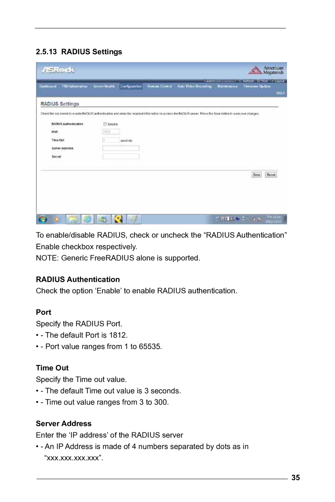 ASRock E3C224 manual Radius Settings, Radius Authentication, Port, Time Out, Server Address 