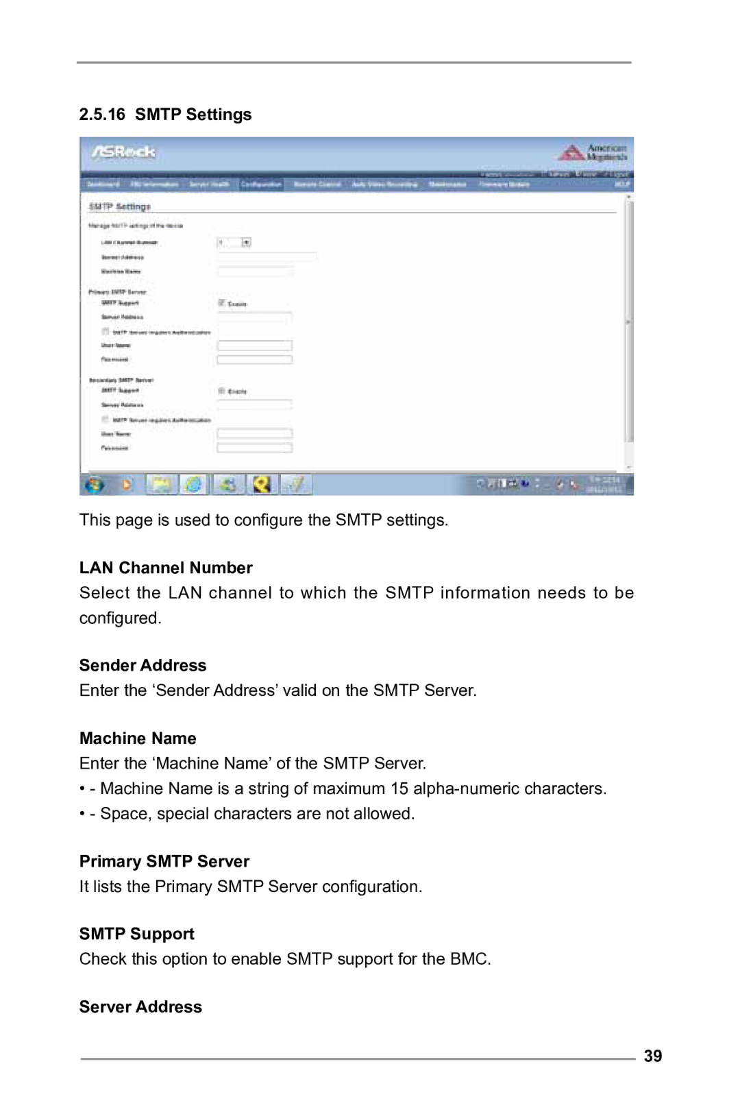 ASRock E3C224 manual Smtp Settings, LAN Channel Number, Sender Address, Machine Name, Primary Smtp Server, Smtp Support 