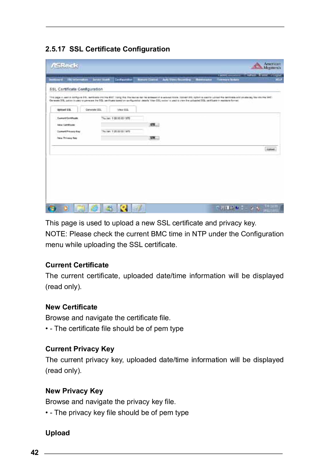 ASRock E3C224 SSL Certificate Configuration, Current Certificate, New Certificate, Current Privacy Key, New Privacy Key 