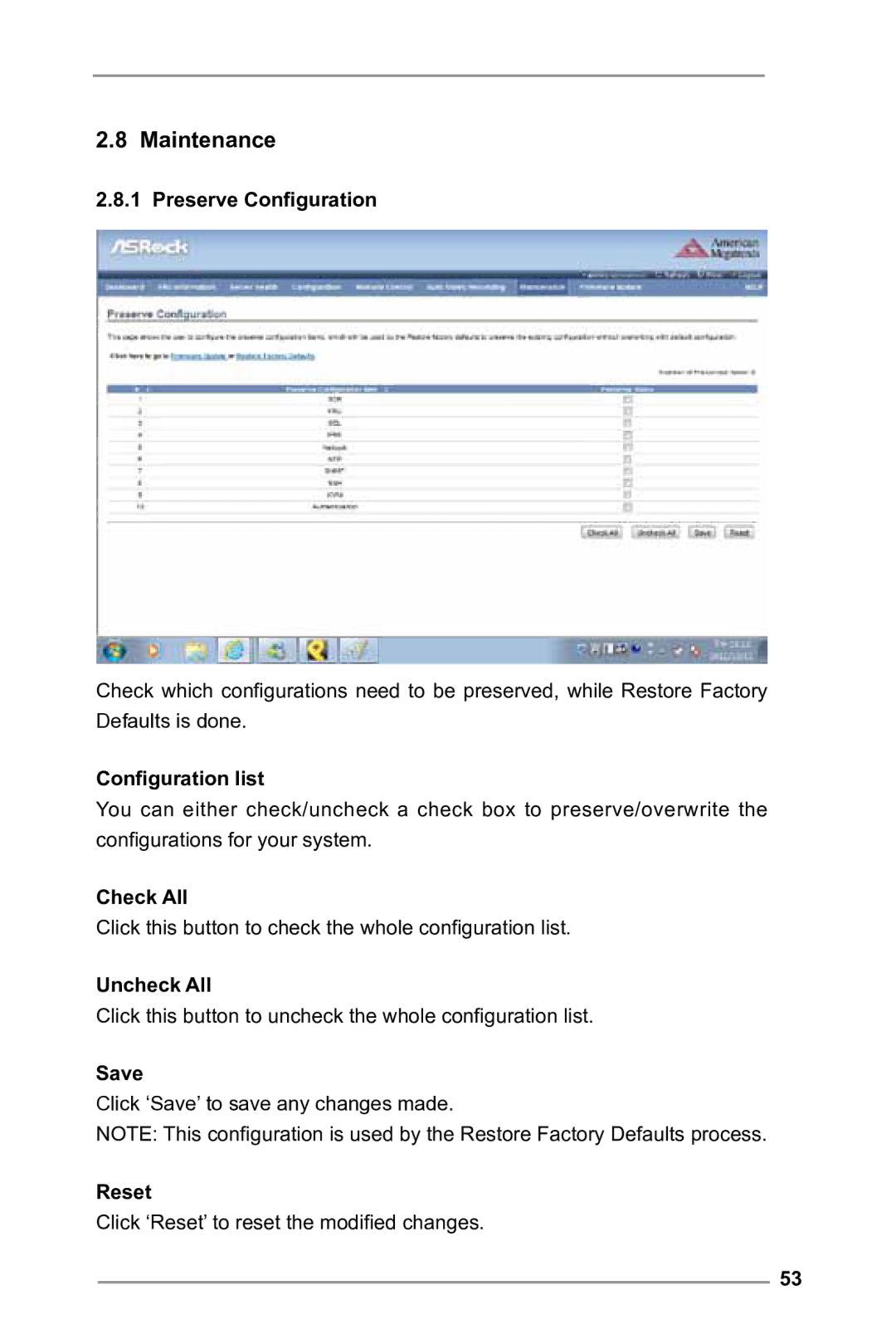 ASRock E3C224 manual Maintenance, Preserve Configuration, Configuration list, Check All, Uncheck All 