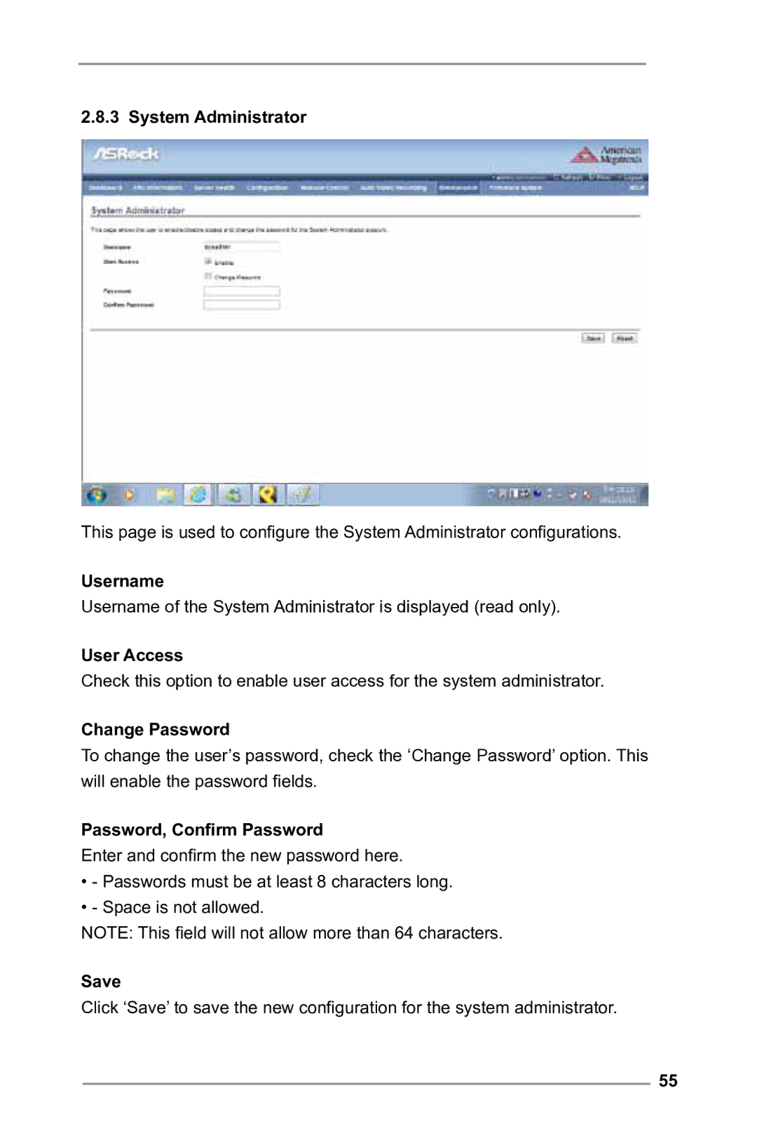 ASRock E3C224 manual System Administrator, User Access, Change Password, Password, Confirm Password 