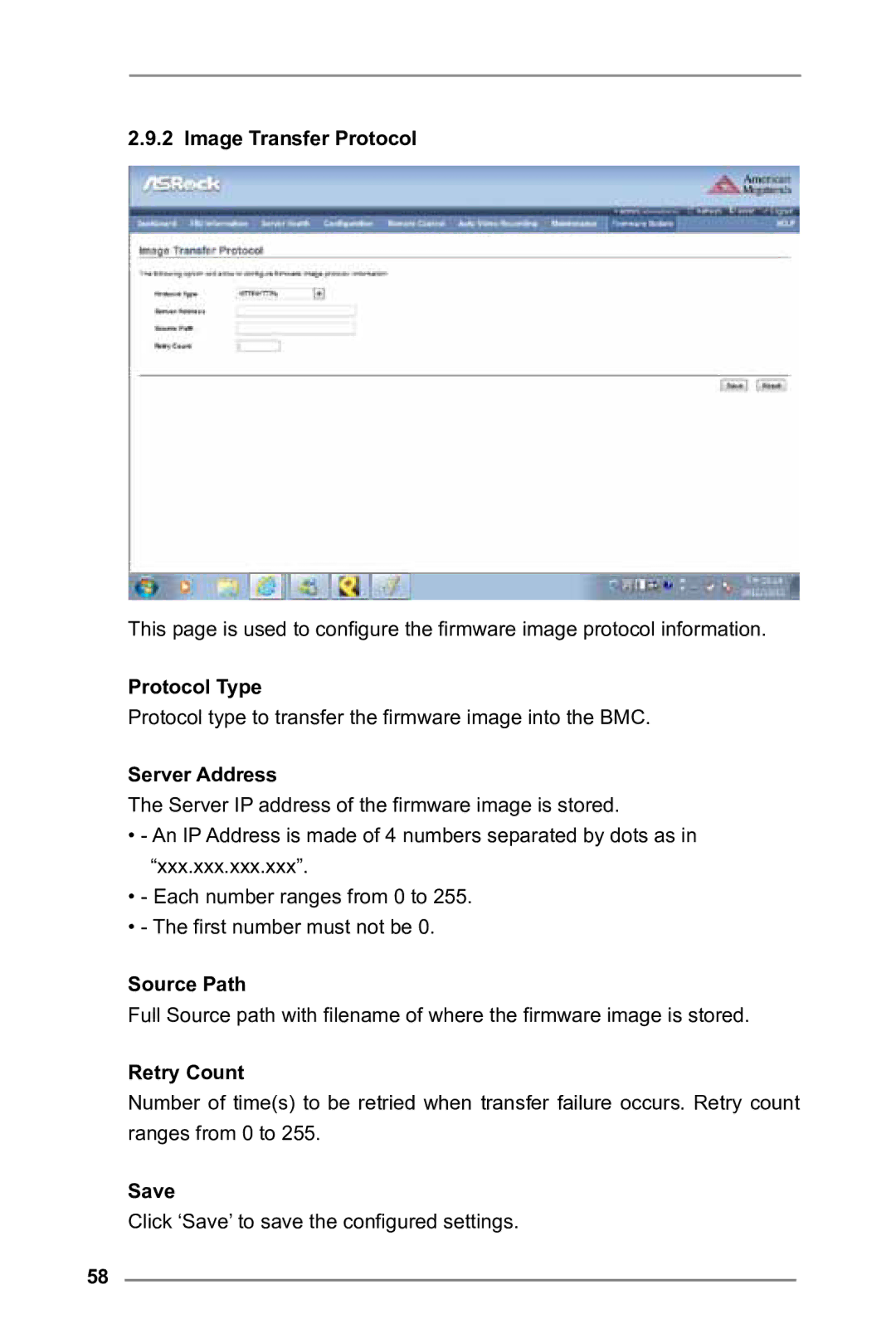 ASRock E3C224 manual Image Transfer Protocol, Protocol Type, Source Path, Retry Count 