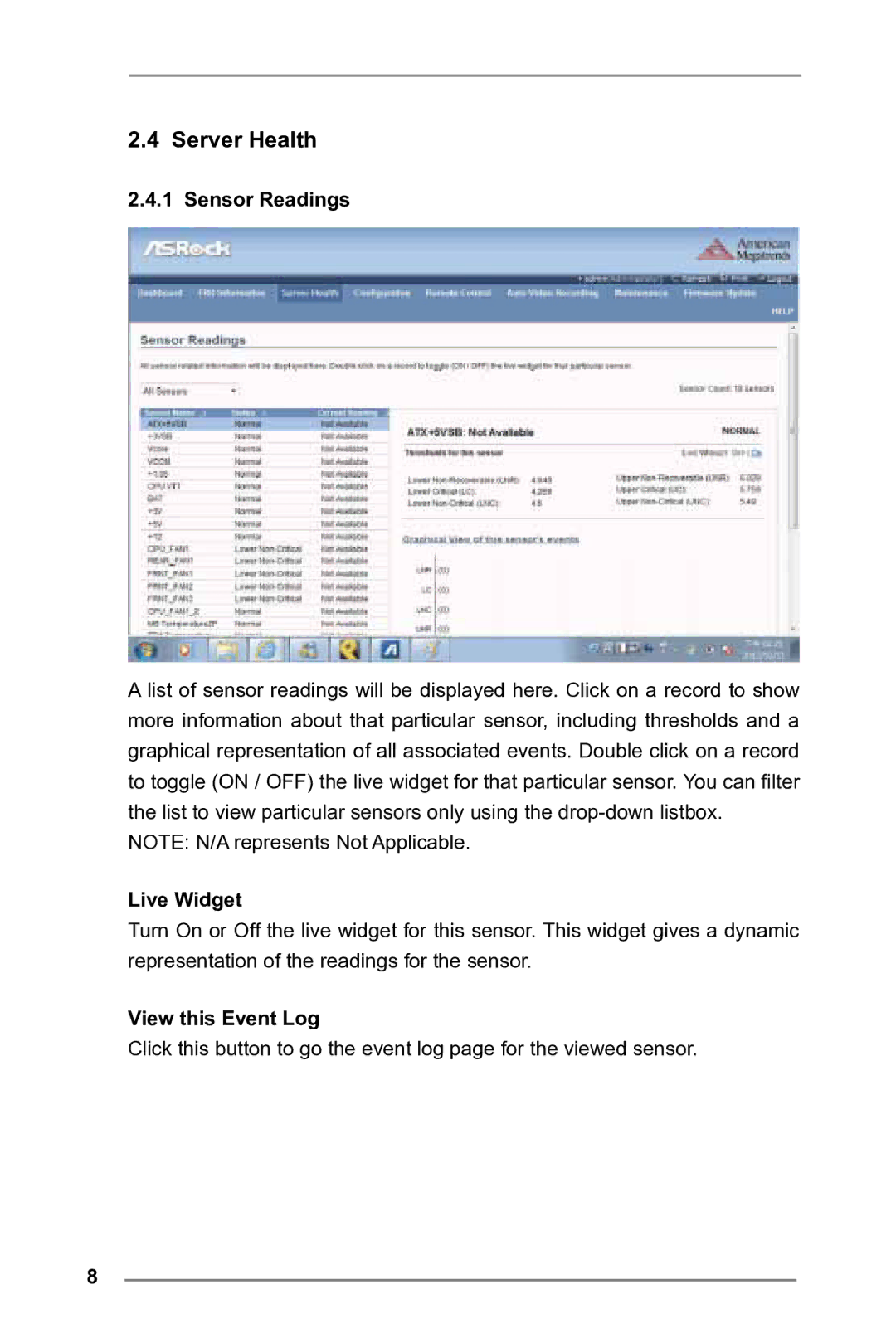 ASRock E3C224 manual Server Health, Sensor Readings, Live Widget, View this Event Log 