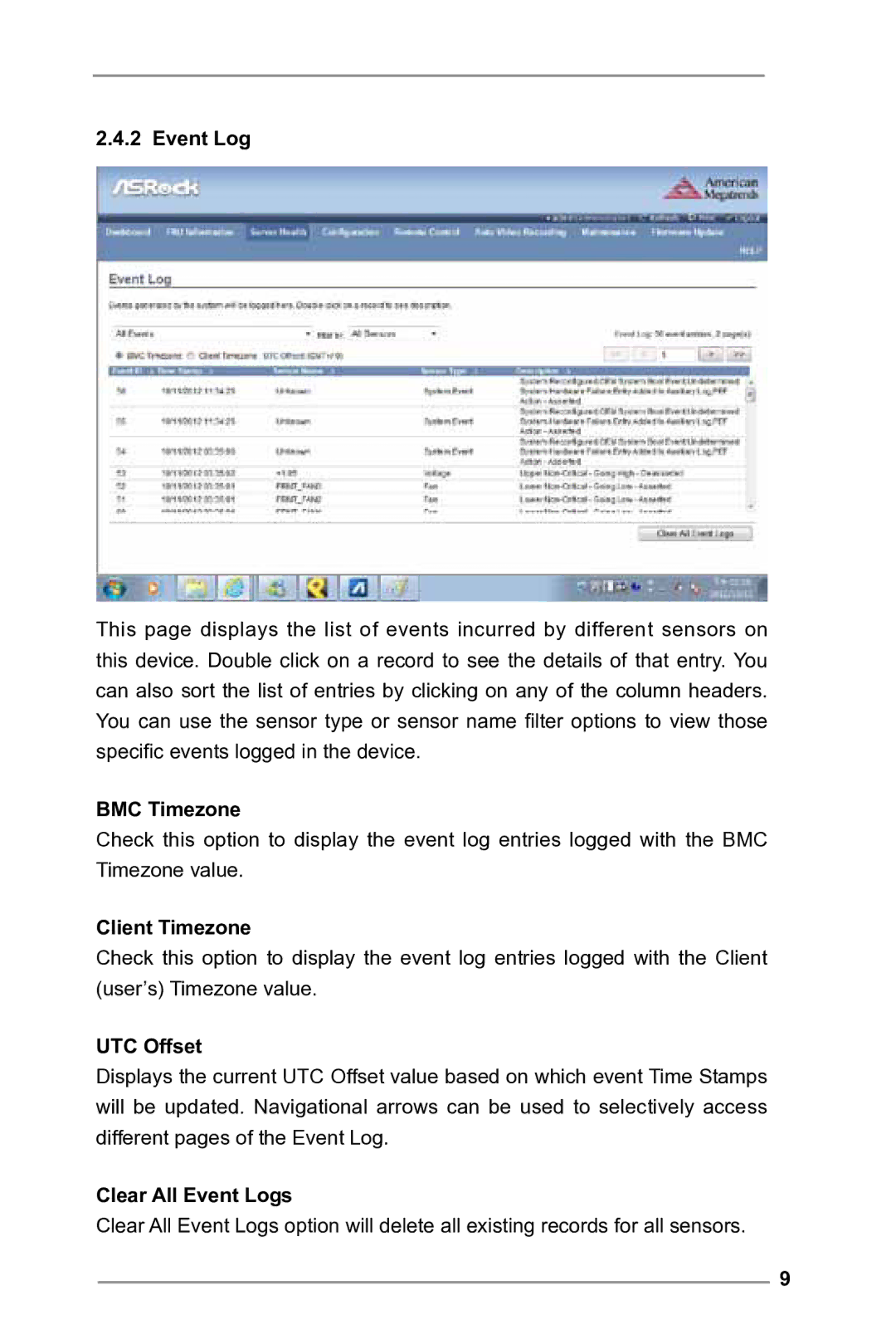 ASRock E3C224 manual BMC Timezone, Client Timezone, UTC Offset, Clear All Event Logs 