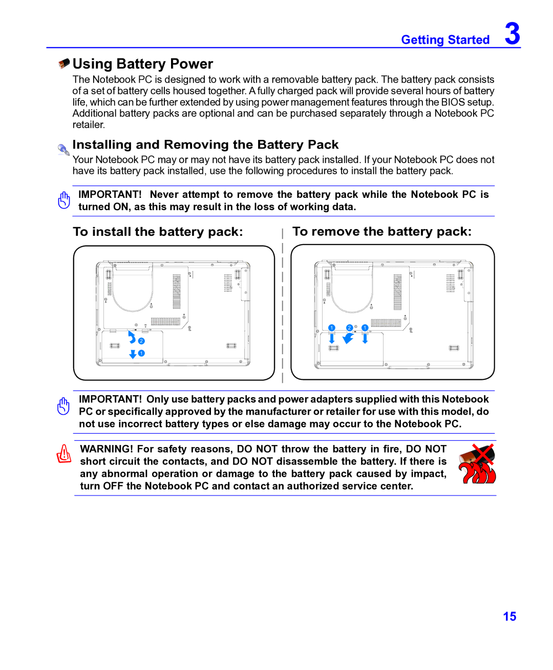 ASRock F14 manual Using Battery Power, Installing and Removing the Battery Pack 