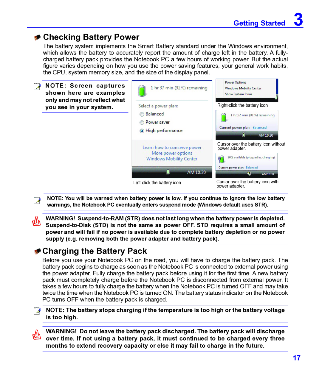 ASRock F14 manual Checking Battery Power, Charging the Battery Pack 