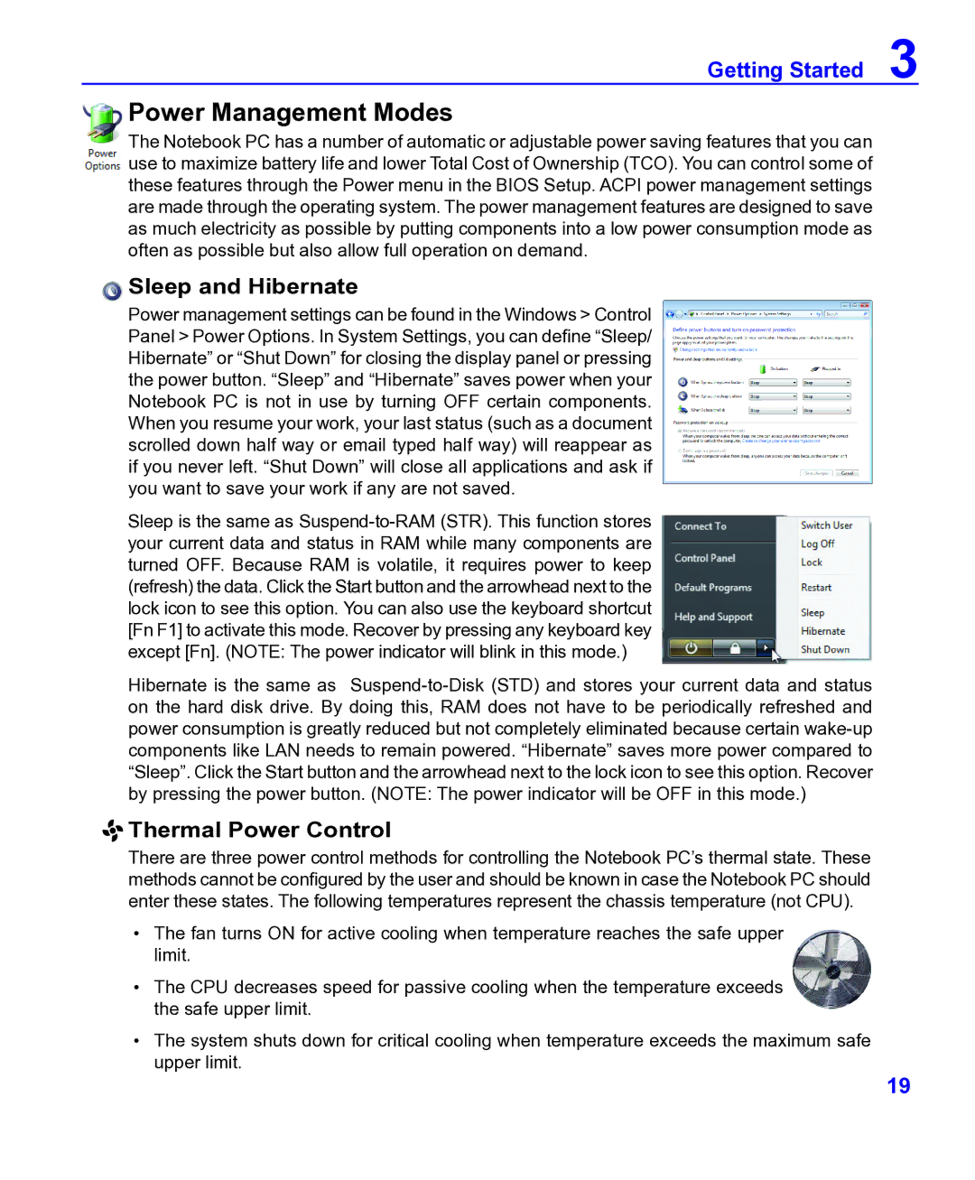 ASRock F14 manual Power Management Modes, Sleep and Hibernate, Thermal Power Control 