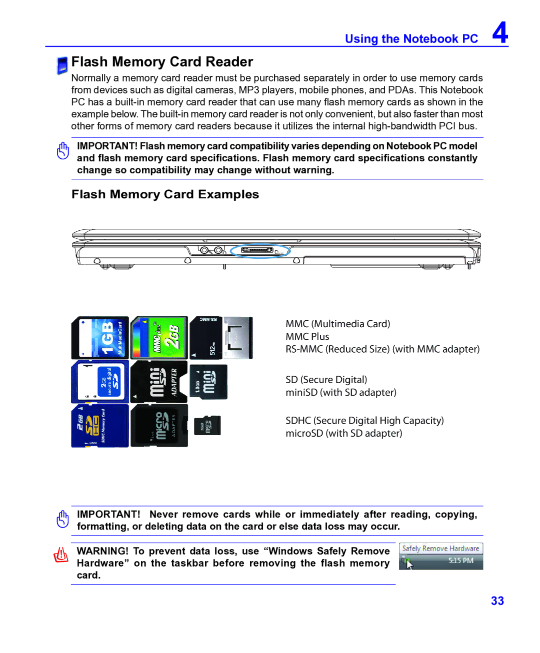 ASRock F14 manual Flash Memory Card Reader, Flash Memory Card Examples 