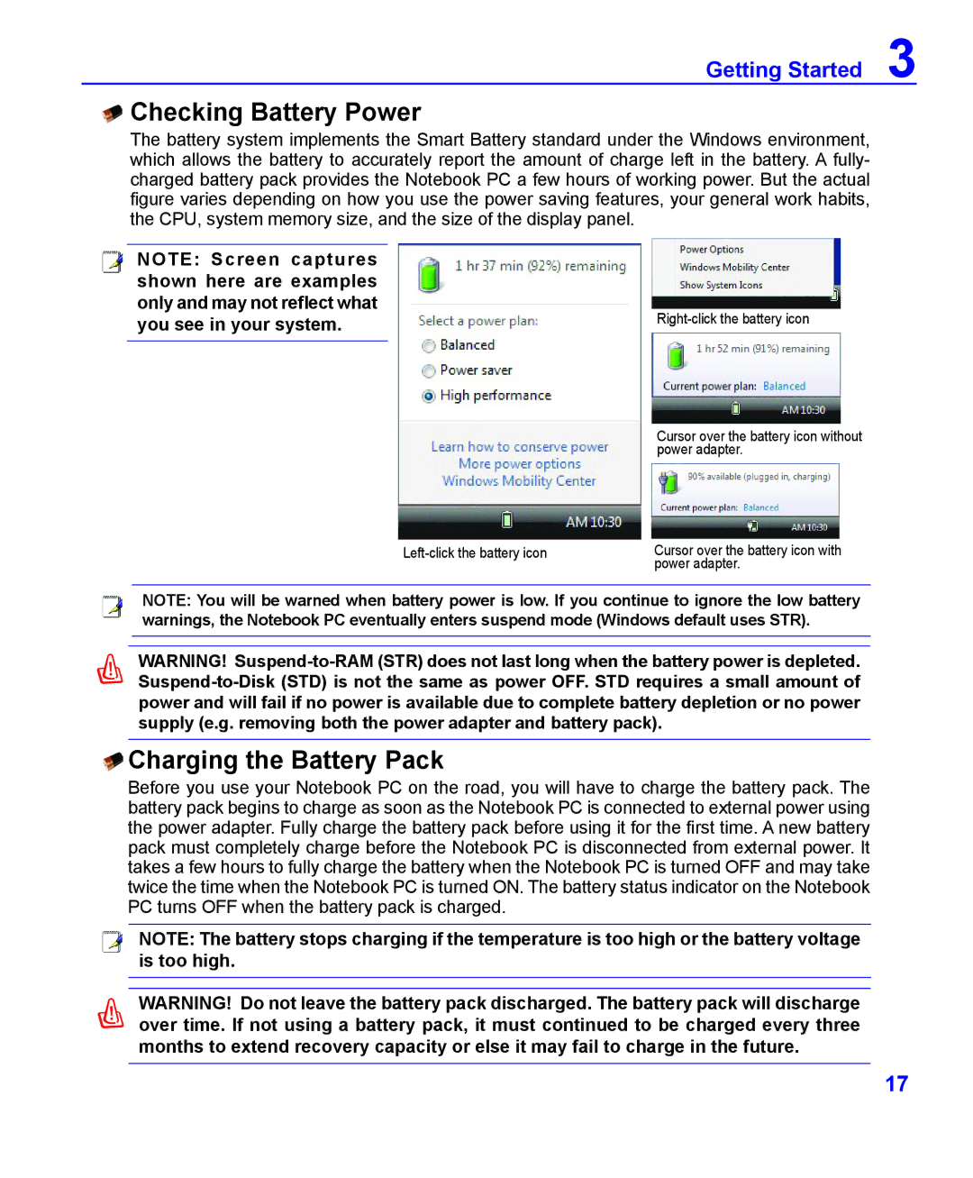 ASRock F24 manual Checking Battery Power, Charging the Battery Pack 