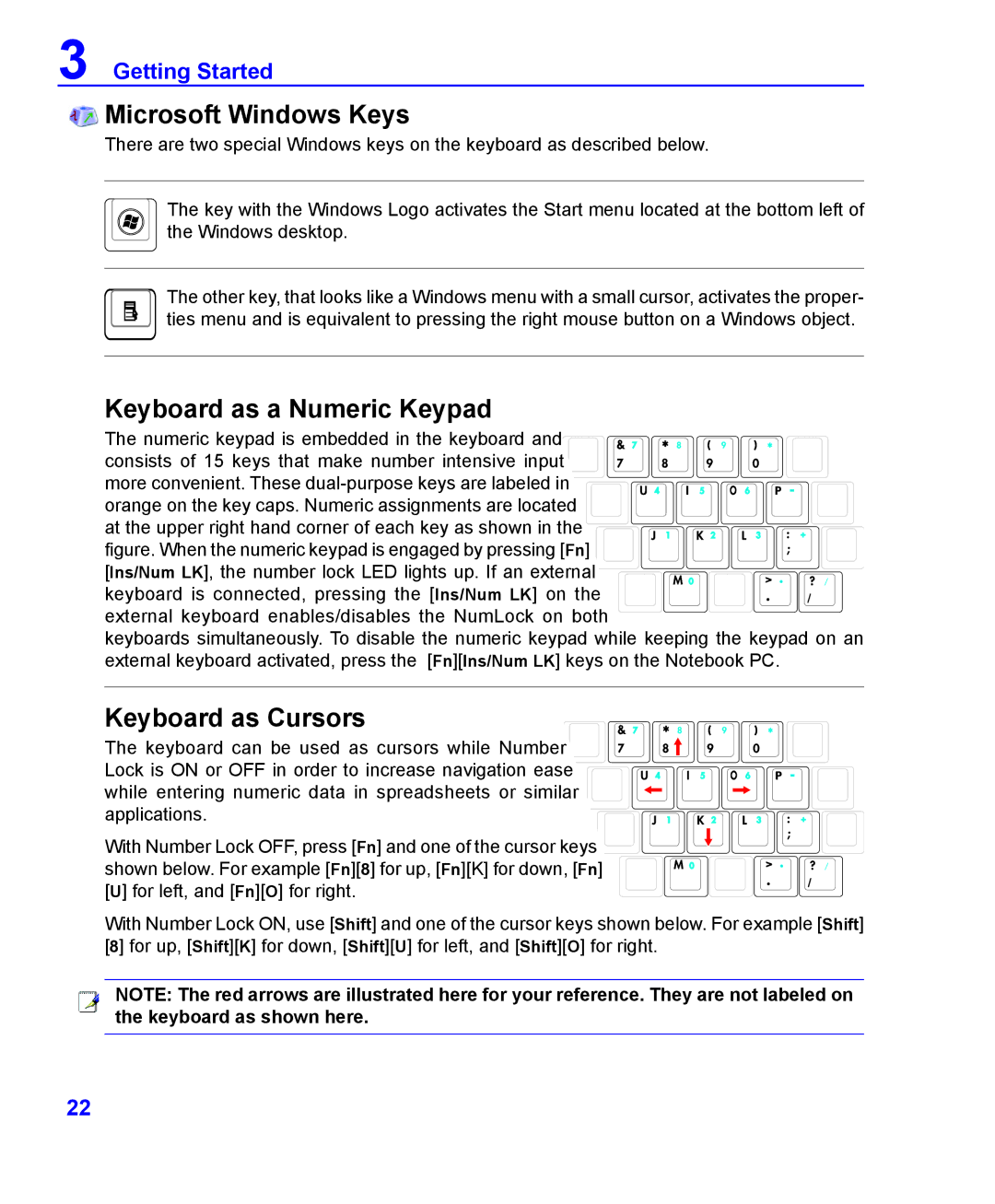 ASRock F24 manual Microsoft Windows Keys, Keyboard as a Numeric Keypad, Keyboard as Cursors 