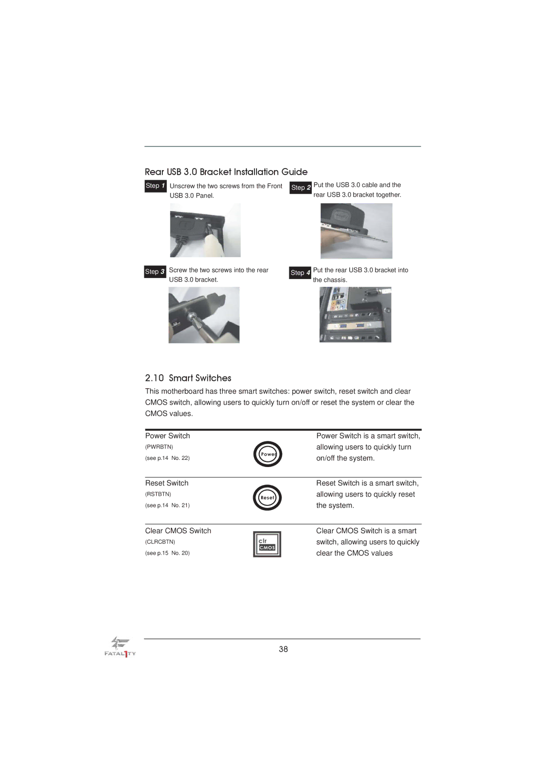 ASRock Fatal1ty 990FX Professional manual Rear USB 3.0 Bracket Installation Guide, Smart Switches 